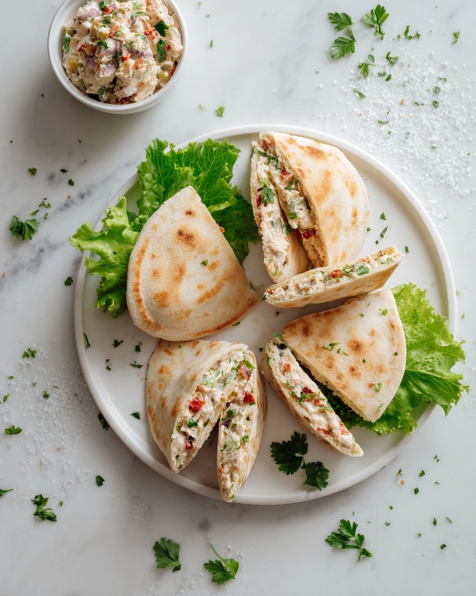 A white plate holds five pita pockets arranged in a circular pattern on a white marbled surface. Each pita is sliced in half, showing three clear layers inside: a light tan pita bread with a soft texture, a creamy filling mixed with small pieces of olives and red peppers, and a fresh green leaf of lettuce along with small sprigs of parsley. To the top left of the plate, there is a small white bowl filled with the same creamy filling containing olives and red peppers. Coarse salt and parsley are scattered around on the white marbled surface. Photo taken with an iphone --ar 4:5 --v 7