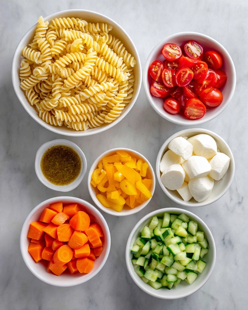 The image shows six small white bowls arranged on a white marbled surface. The largest bowl at the top left is filled with light yellow rotini pasta. Below and to the right are five smaller bowls: one contains small diced orange carrots, another has tiny diced yellow bell peppers, a third holds halved cherry tomatoes that are bright red with juicy interiors, the fourth is filled with thick white slices of mozzarella cheese, and the fifth has small green diced cucumbers. A small bowl of brownish herb dressing is placed below the pasta. The bowls are neatly organized and the overall look is fresh and colorful, photo taken with an iphone --ar 4:5 --v 7