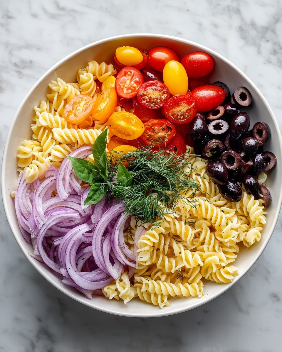 A large white bowl holds a colorful pasta salad with several layers: the bottom layer is light yellow rotini pasta with a slightly soft texture, mixed evenly with thin, curved slices of purple-red onion. On top of the pasta and onion layer, there are sliced cherry tomatoes in bright red, deep orange, and yellow, each showing a juicy and slightly shiny interior. Black olive rings, matte and firm, are scattered throughout the salad, providing dark contrast. Fresh green basil leaves and sprigs of dill add a leafy texture on the top, making the salad look fresh and vibrant. The bowl is set on a white marbled surface. Photo taken with an iphone --ar 4:5 --v 7