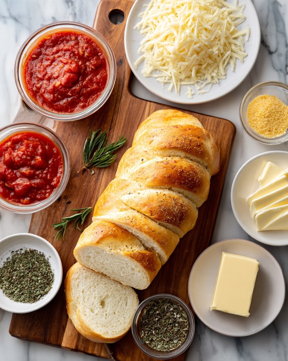 A wooden cutting board with a loaf of sliced bread placed on it sits on a white marbled surface. Around the board are small clear glass bowls filled with red tomato sauce, green dried herbs, grated parmesan cheese, a yellow powder, and sliced pepperoni. There are also white plates holding several slices of pale yellow cheese and a stick of butter. The arrangement is organized and neat. Photo taken with an iphone --ar 4:5 --v 7