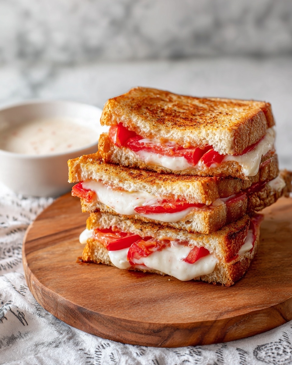 The image shows a stack of three grilled cheese sandwiches on a round wooden board. Each sandwich is cut diagonally, revealing two layers inside: a thick layer of melted white cheese and a layer of bright red tomato slices. The bread is golden brown with a toasted texture. In the background, there is a small white bowl filled with a creamy dipping sauce, placed on a white and gray patterned cloth on a white marbled surface. photo taken with an iphone --ar 4:5 --v 7