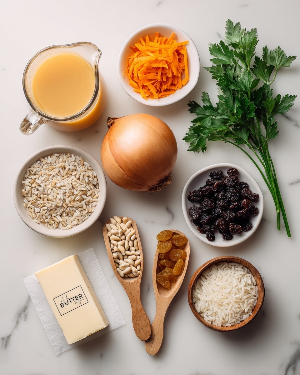 The image shows several cooking ingredients neatly placed on a white marbled texture. There is a glass jug with light orange liquid near the top left. Below it is a small white bowl filled with thin orange carrot strips. To the right of the carrots, a whole brown onion is centered in the image. Above the onion, a bunch of fresh green parsley lies. To the right of the onion, a small white bowl holds dark brown and golden raisins. Below the raisins, there are two wooden scoops with mixed wild rice and brown rice, with small piles of rice scattered beneath each scoop. Next to those, another wooden scoop holds white rice with a small pile nearby. Near the bottom left, a small white bowl filled with pine nuts sits above a stick of butter wrapped in white paper marked