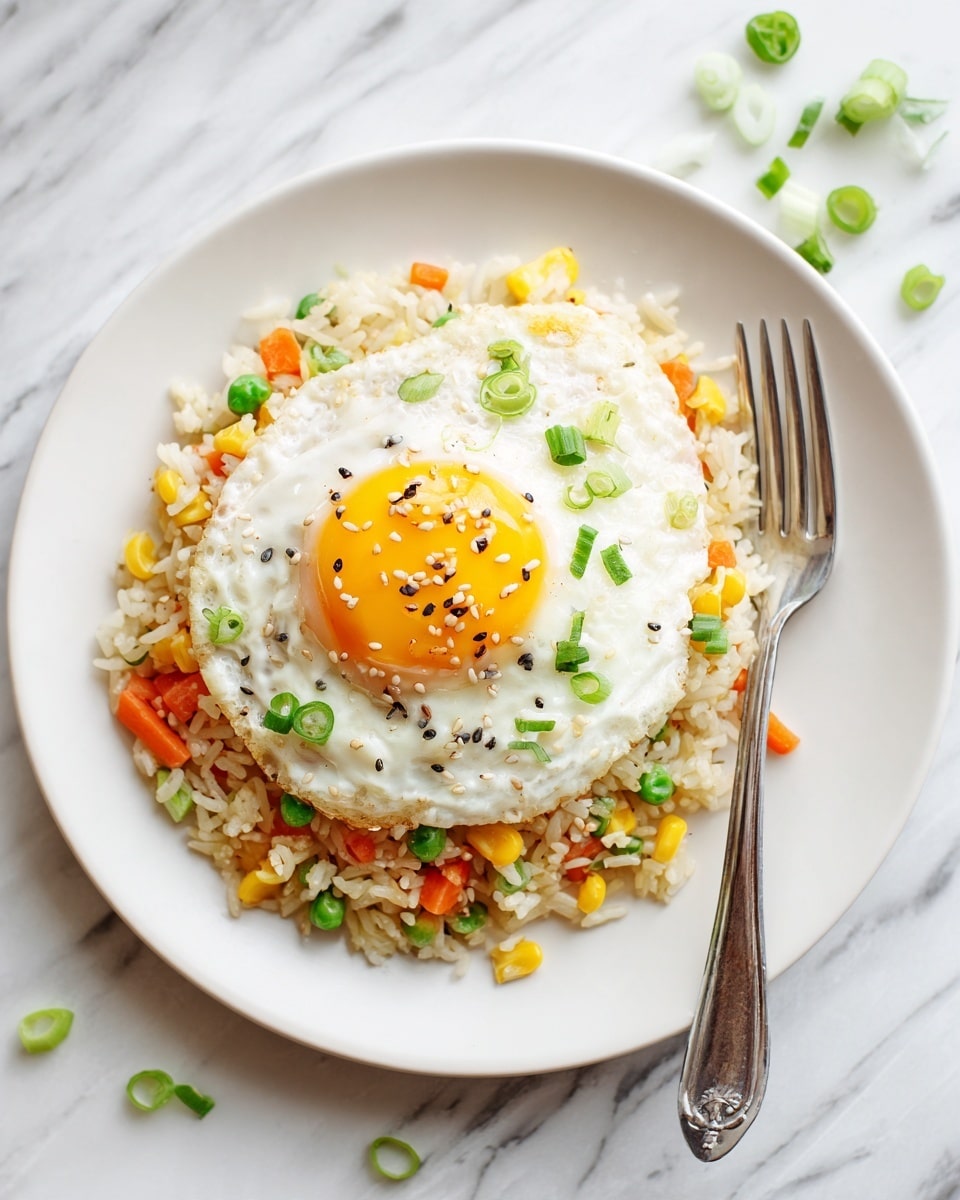 A white plate holds a single layer of fried rice mixed with diced orange carrots, yellow corn kernels, and small green onion slices giving a colorful look to the base. On top of the rice, there is a perfectly cooked sunny-side-up egg with a bright yellow yolk centered and white edges sprinkled with small black sesame seeds and fine green onion pieces. On the right side of the plate rests a silver fork, and the whole setup is placed on a white marbled surface with a few scattered green onion pieces around. Photo taken with an iphone --ar 4:5 --v 7