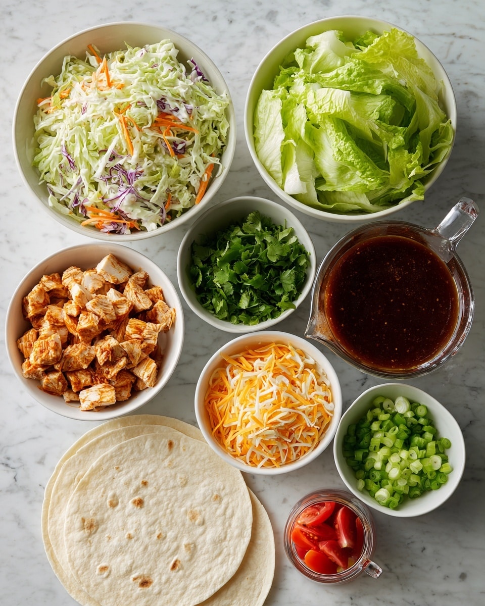 The image shows a white marbled surface with several white bowls arranged neatly, each containing different ingredients for a meal. There is one bowl with shredded coleslaw mix in green, orange, white, and purple colors, another bowl filled with green leafy lettuce, and a bowl with chopped cooked chicken pieces that are golden brown and white. A bowl holds mixed shredded cheese in orange and white shades, while one has chopped green onions, and another contains fresh green cilantro leaves. There are a few slices of red tomato placed next to the bowls. A clear glass measuring cup contains a dark reddish-brown dressing or sauce. Additionally, two round flat white tortillas are laid out on the surface. The overall look is clean, fresh, and organized. photo taken with an iphone --ar 4:5 --v 7
