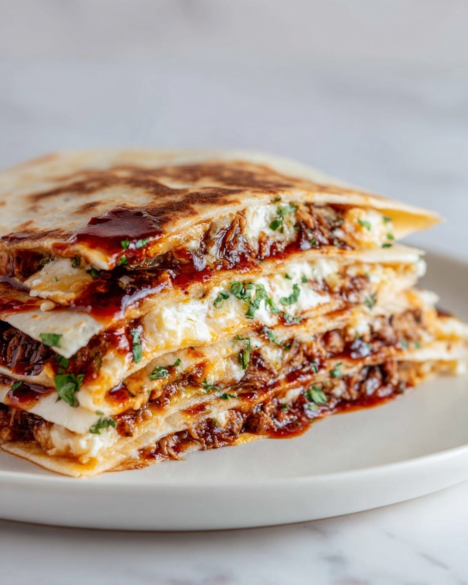 A close-up of a folded quesadilla on a white plate with layers showing inside. The folded top layer is a light golden tortilla with light browning, soft and slightly crispy. Inside, there is a layer of shredded meat mixed with melted white cheese, and green herbs scattered throughout. A thick layer of dark red sauce with a shiny, wet texture covers the meat and cheese inside. The white plate sits on a white marbled surface in soft natural light. photo taken with an iphone --ar 4:5 --v 7