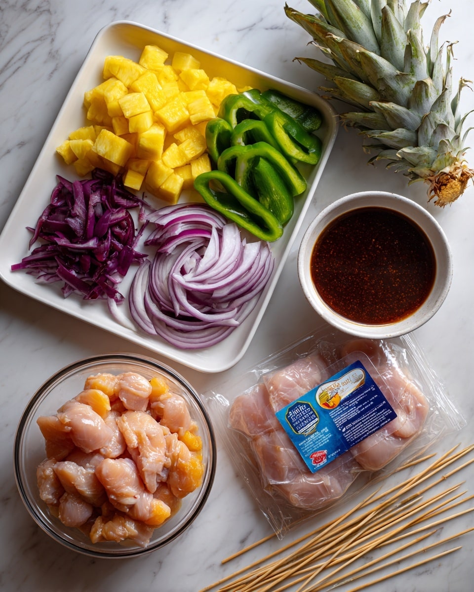 The image shows ingredients arranged neatly on a white marbled surface. On the top left, there is a white tray with three types of chopped ingredients: bright yellow pineapple chunks, deep purple-red onion wedges, and large pieces of green bell pepper. Next to the tray, a fresh pineapple top is partially visible. To the right, there is a white bowl filled with a dark reddish-brown sauce. Below that, a clear plastic package containing raw pale pink boneless chicken pieces with a blue and white label is placed. In the bottom left corner, there is a glass container holding raw chicken pieces marinated in a light orange sauce. On the lower right side, several wooden skewers are scattered on the marbled surface. photo taken with an iphone --ar 4:5 --v 7