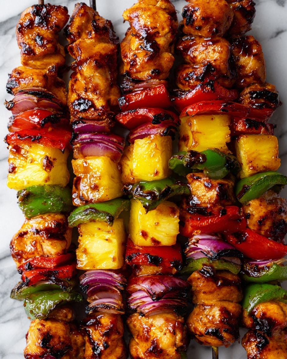 The image shows several grilled skewers stacked close together, each skewer with five layers of ingredients: golden-brown grilled chicken pieces with slight char marks, shiny red bell pepper chunks, glossy green bell pepper pieces, caramelized purple onion sections, and bright yellow pineapple cubes. All layers have a shiny, sticky glaze coating that catches the light, giving the skewers a juicy and tasty look. The background features a white marbled surface. photo taken with an iphone --ar 4:5 --v 7
