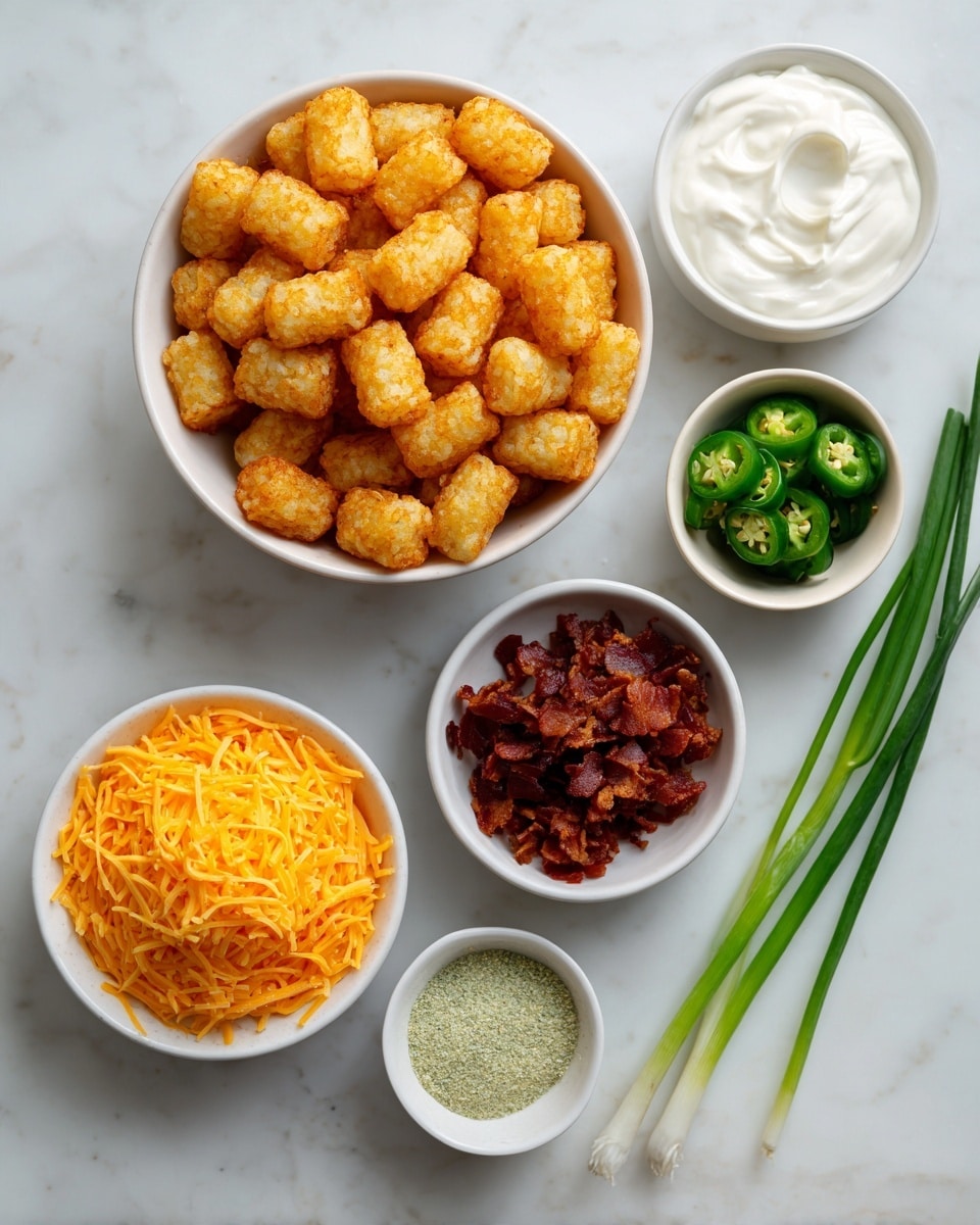 The image shows six white bowls placed on a white marbled surface. The largest bowl in the center is filled with small golden brown tater tots. Above it is a medium-sized bowl with smooth, white sour cream. To the right of the sour cream bowl is a small bowl filled with sliced green jalapeños. Below the jalapeños is a small bowl containing a light green seasoning powder. Below that and slightly to the left is a medium bowl with shredded orange cheddar cheese. To the right of the cheese bowl is another medium bowl filled with dark red, crispy bacon bits. To the far right on the white marbled surface are four long, green scallions. The photo taken with an iphone --ar 4:5 --v 7