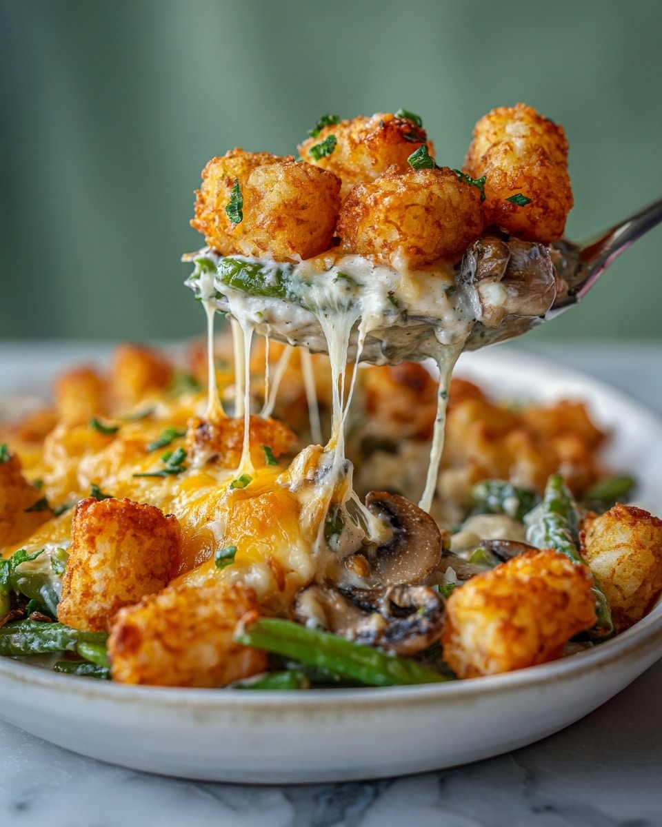 The image shows a close-up of a spoonful of a layered dish with crispy golden-brown tater tots on top, sprinkled with small green herb pieces. Below the tater tots is a layer of bright orange melted cheese dripping over mixed green vegetables, mostly chopped green beans, with a creamy white sauce mixed with small pieces of mushrooms visible underneath. The background has a soft green blur, and the dish is presented on a white marbled surface. photo taken with an iphone --ar 4:5 --v 7