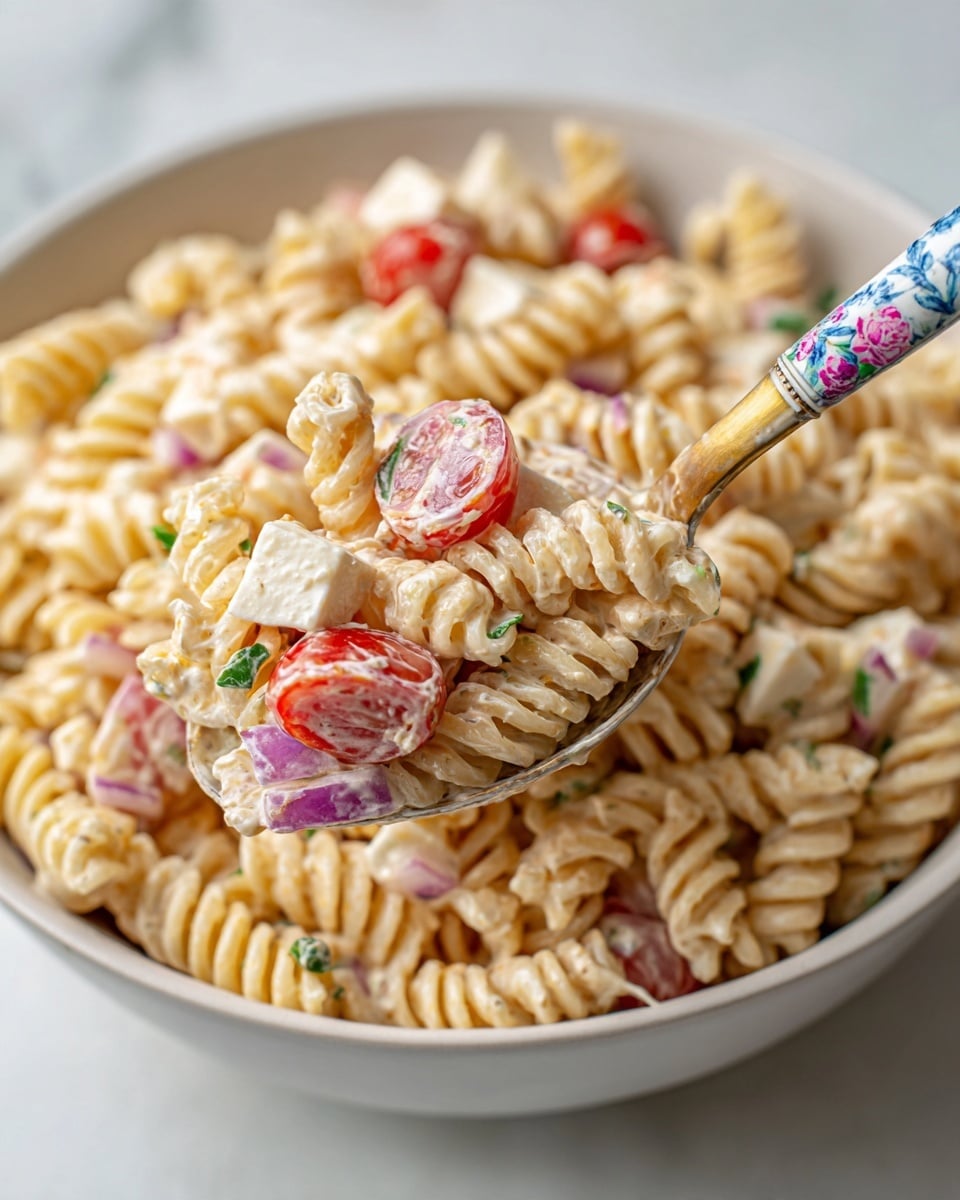 This image shows a close-up of a white bowl filled with creamy pasta salad made with spiral rotini pasta. The pasta is light beige and coated with a smooth, creamy dressing. Mixed within the pasta are small layers of bright red cherry tomato halves, small cubes of pale white cheese, and tiny pieces of purple onion. The textures range from soft pasta, juicy tomatoes, to firm cheese, all sitting on a white marbled surface. A spoon with a floral blue and white handle holds a scoop of the salad, emphasizing the creamy texture and colorful ingredients. Photo taken with an iphone --ar 4:5 --v 7