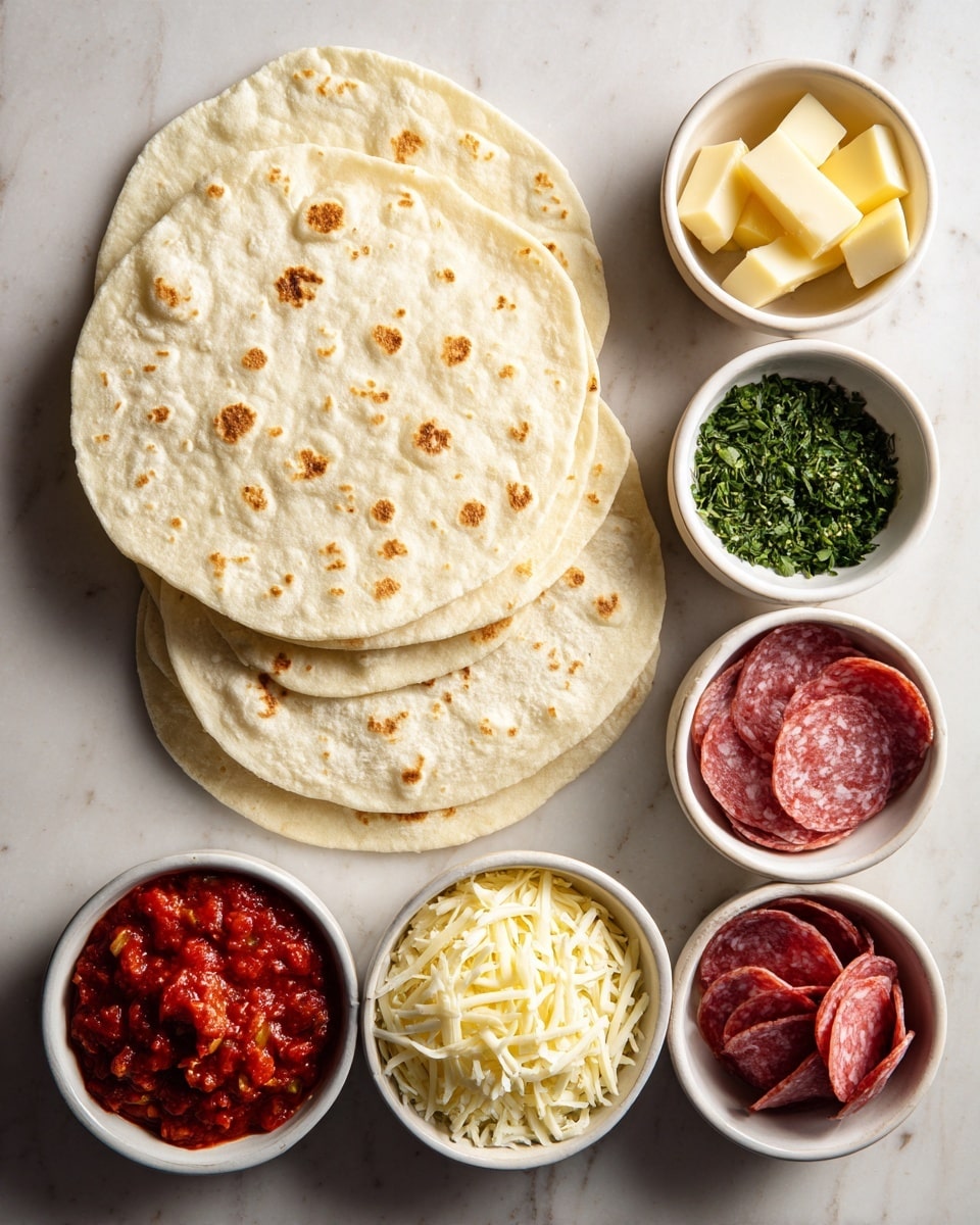 The image shows a flat white marbled surface with several small white bowls arranged neatly. On the left side, there are three round flatbreads stacked on top of each other, light beige in color with small brown spots. To the right, the bowls contain different ingredients: one bowl has small rectangular pieces of pale yellow cheese, another holds finely ground green herbs, a third bowl contains bright red round pepperoni slices, a fourth bowl has thin pink slices of salami, a fifth bowl is filled with chunky red tomato sauce, a sixth bowl shows shredded white and yellow cheese, and the last bowl has finely grated white cheese. The bowls are arranged in a semi-circle pattern on the right side. photo taken with an iphone --ar 4:5 --v 7