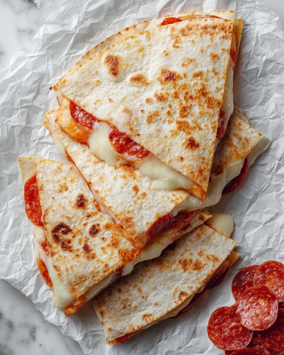 Three triangular quesadilla pieces are placed on crinkled white parchment paper over a white marbled surface. Each piece has a thin, golden-brown tortilla exterior with uneven toasted spots and a slightly crispy texture on top. The quesadilla layers show melted white cheese inside, with a layer of bright red tomato sauce peeking out in some areas. The edges are thin and lightly browned. There is part of a small pile of round pepperoni slices in the lower right corner, showing their deep red color and slightly shiny surface. Photo taken with an iphone --ar 4:5 --v 7