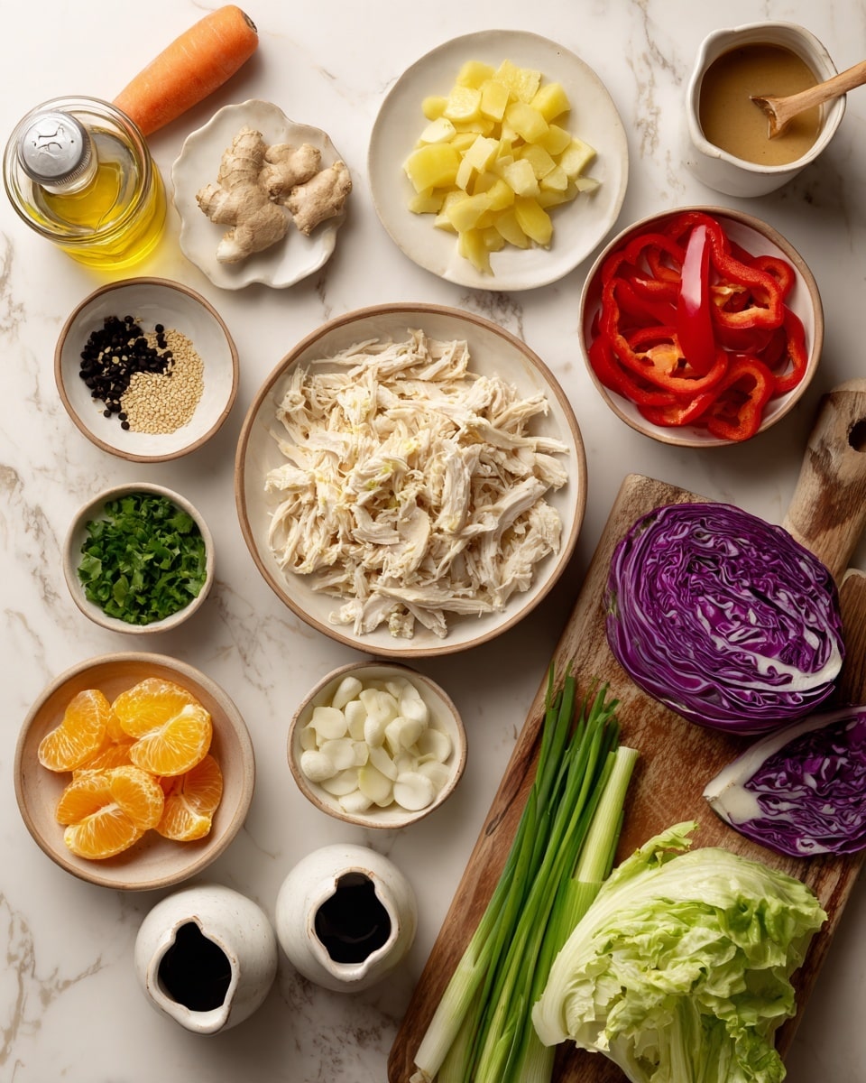 A flat top view of many fresh ingredients arranged neatly on a white marbled surface: in the center, a white bowl with beige edges holds shredded white chicken, on top left a small white bowl shaped like a flower contains light-colored sliced almonds, next to it a whole orange carrot lies beside a small white saucer with black sesame seeds. Above the chicken bowl, cut yellow ginger root pieces and a small bowl of light brown sauce with a wooden spoon sit. On the right side, a white bowl holds thinly sliced bright red bell peppers, garlic cloves and a glass bottle of oil are nearby. At the bottom left, a beige bowl holds peeled mandarin orange slices, and next to it green chopped herbs sit in a small white bowl. Half a purple cabbage and a quarter white cabbage are placed close to green onions with long stalks. On the bottom right, fresh romaine lettuce leaves rest on a wooden board, near two small white pitchers with dark and light sauces. Everything is spread out orderly for easy viewing. Photo taken with an iphone --ar 4:5 --v 7
