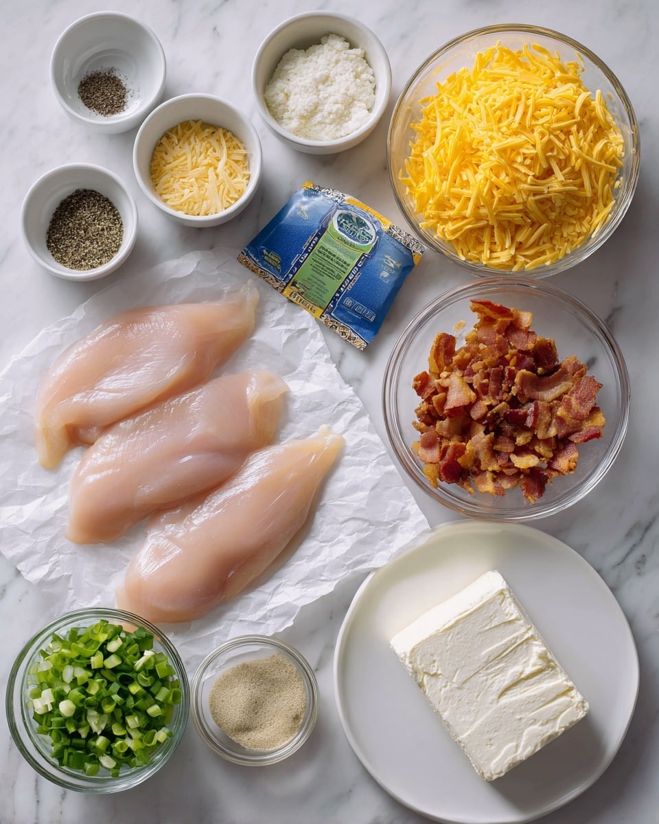 The image shows a flat lay of raw chicken fillets placed on white parchment paper at the lower left, bright yellow shredded cheese in a clear glass bowl at the top right, and crispy cooked bacon bits in a clear glass bowl below the cheese. To the right of the chicken is a white plate with a block of white cream cheese. Below the bacon is a clear glass bowl filled with chopped green onions. At the top left, there are several small white bowls containing black pepper, a light yellow powder, salt, and a beige powder. A blue and green ranch seasoning packet is placed near these bowls. All items are arranged on a white marbled surface. photo taken with an iphone --ar 4:5 --v 7
