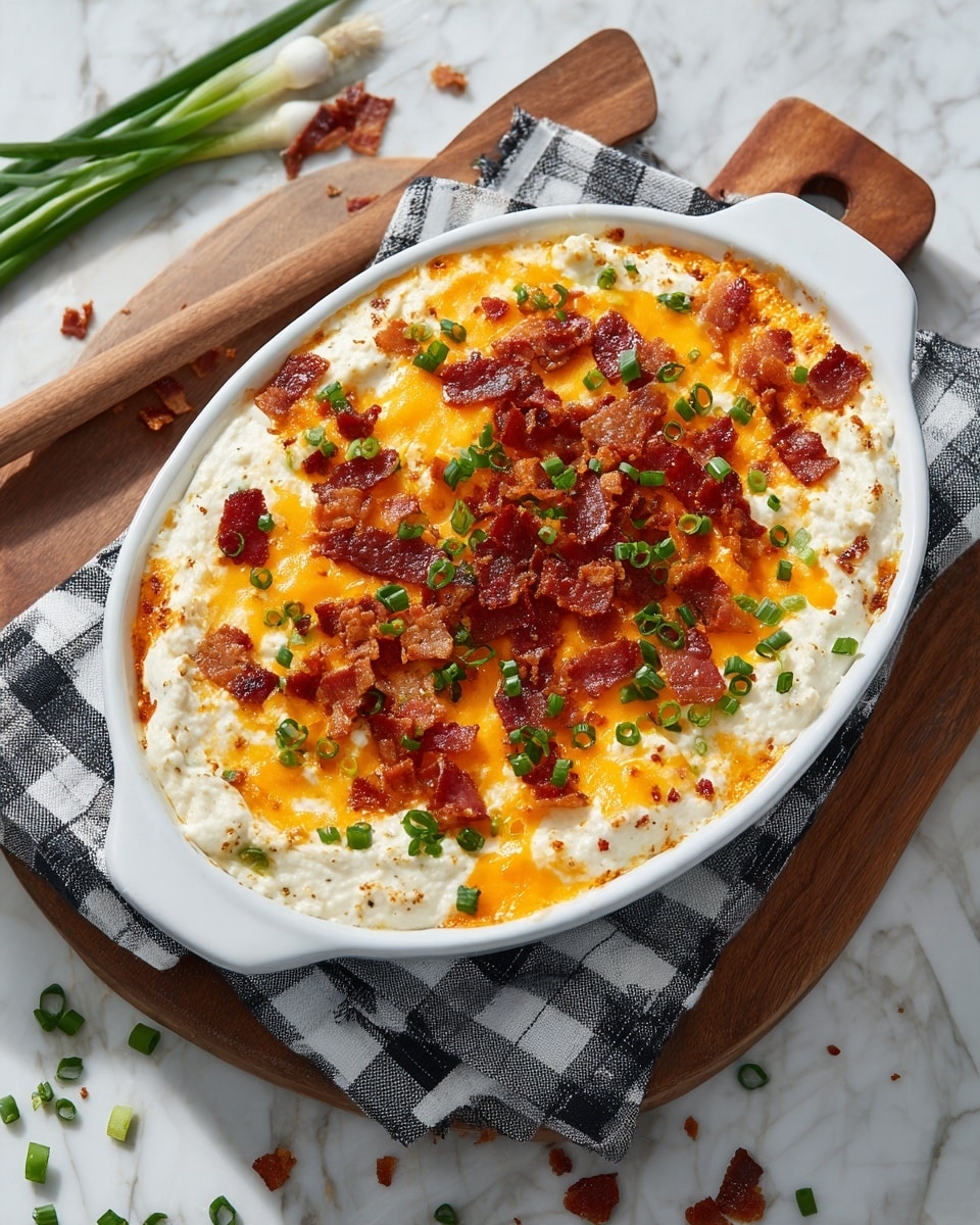 A white oval dish holding a creamy layered dip with a rough texture, topped with a bright orange melted cheese layer, scattered crispy bacon bits, and vibrant chopped green onions. The dip is placed on a rectangular wooden board on top of a black and white checkered cloth, resting on a white marbled surface. A wooden spatula lies next to the dish, angled slightly left. There are some green onion pieces sprinkled around the dish. Photo taken with an iphone --ar 4:5 --v 7