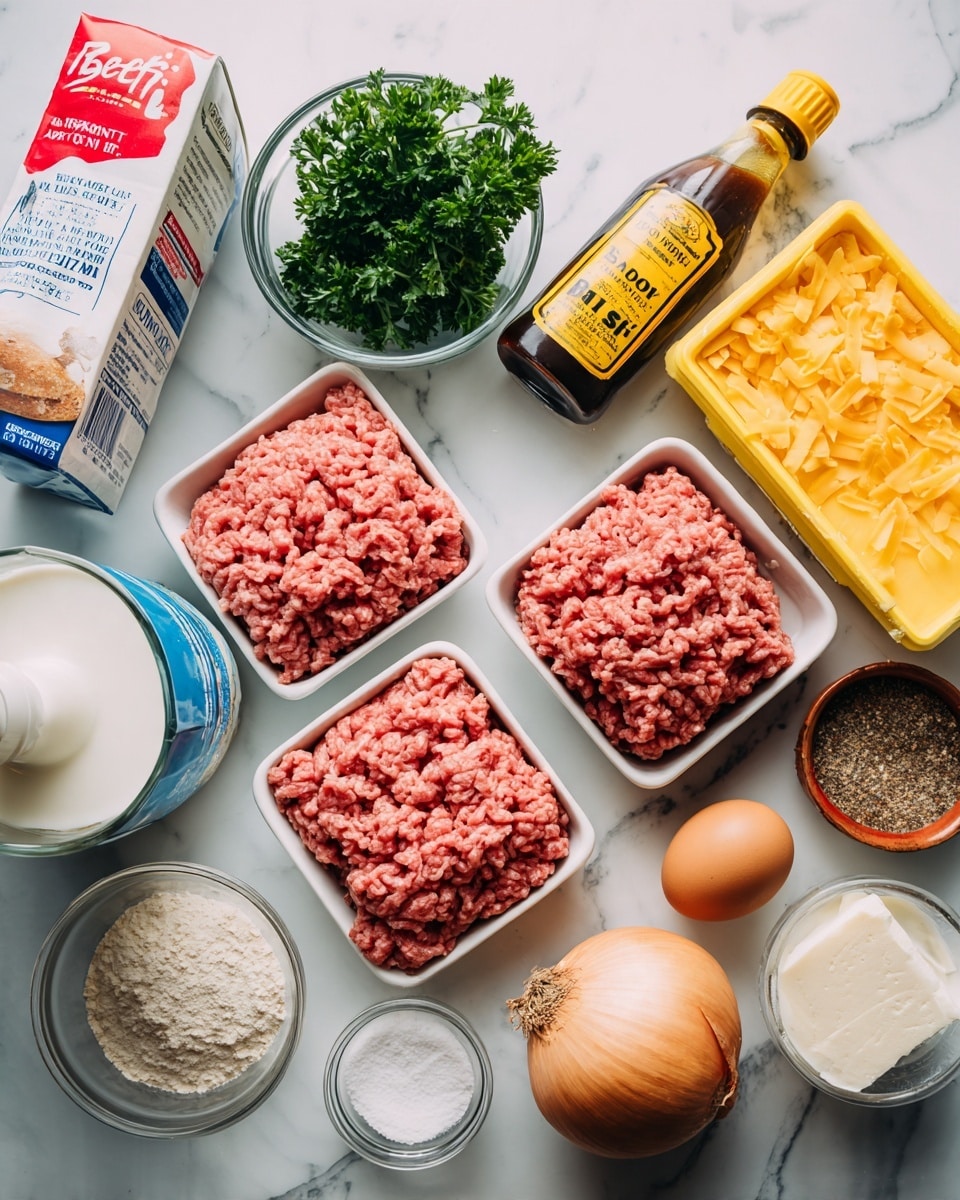 The image shows various fresh ingredients and packaged items arranged on a white marbled surface. In the center, there are two white trays of ground meats, one labeled fresh ground pork with a pinkish color and the other labeled 85% lean ground beef with a deeper red color. Above them is a bottle of Worcestershire sauce with a yellow label. To the left, a small glass bowl filled with fresh green parsley leaves is placed. Nearby, a carton of beef broth with red and white labeling and a white plastic container of fat-free milk with blue and white labeling sit side by side. On the right, there is a bright yellow box of Japanese-style panko bread crumbs and a large light brown onion with a papery skin. Towards the bottom, a white round tub of sour cream with a red label rests near a stick of grade AA butter in cream and red wrapper. Two small glass bowls hold a light yellow mustard and white flour. At the bottom right corner, spice jars of ground nutmeg and allspice are visible. A single brown egg is positioned near the center right of the display. The scene is clear and well-lit. Photo taken with an iphone --ar 4:5 --v 7