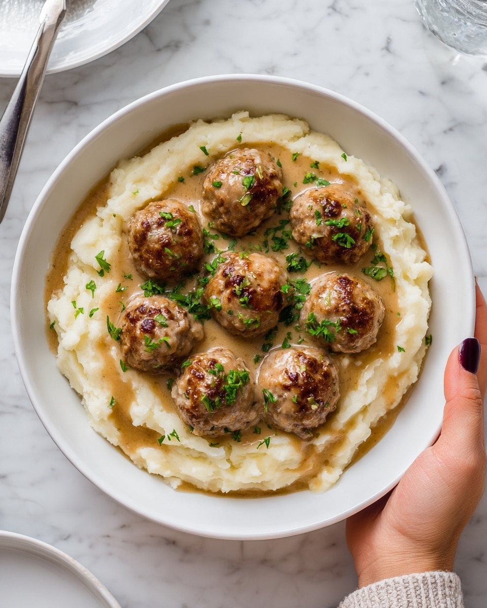 A white bowl filled with a bed of creamy mashed potatoes with a smooth and fluffy texture, forming the bottom layer. On top are nine browned meatballs arranged closely together, each covered in a light brown gravy that spreads evenly over the potatoes. Small pieces of chopped green herbs are sprinkled on the meatballs and gravy, adding a fresh detail. A woman's hand is holding the bowl from the left side, and the bowl is placed on a white marbled surface with a glimpse of a white plate and glass nearby. Photo taken with an iphone --ar 4:5 --v 7