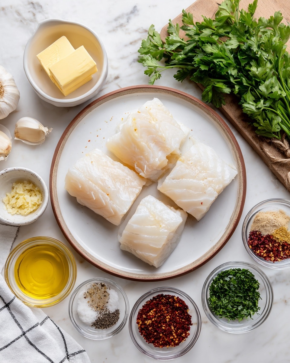 The image shows four thick, raw white fish pieces placed in a round white plate with a thin brown rim, sitting on a white marbled surface. Around the plate there are small bowls and containers with different ingredients: a white bowl with two yellow butter pieces, a small clear container with a pale yellow liquid, a small bowl with minced garlic that looks light yellow, a small clear bowl with black pepper, another clear bowl with white coarse salt, a small bowl filled with golden olive oil, and four more clear small bowls containing red chili flakes, light tan granules, green mixed herbs, and bright red paprika powder. A white cloth with black checks and a fresh bunch of leafy green parsley are visible at the top right. There is also a wooden board partially visible with garlic cloves and more butter in the bottom left corner. The photo was taken with an iphone --ar 4:5 --v 7
