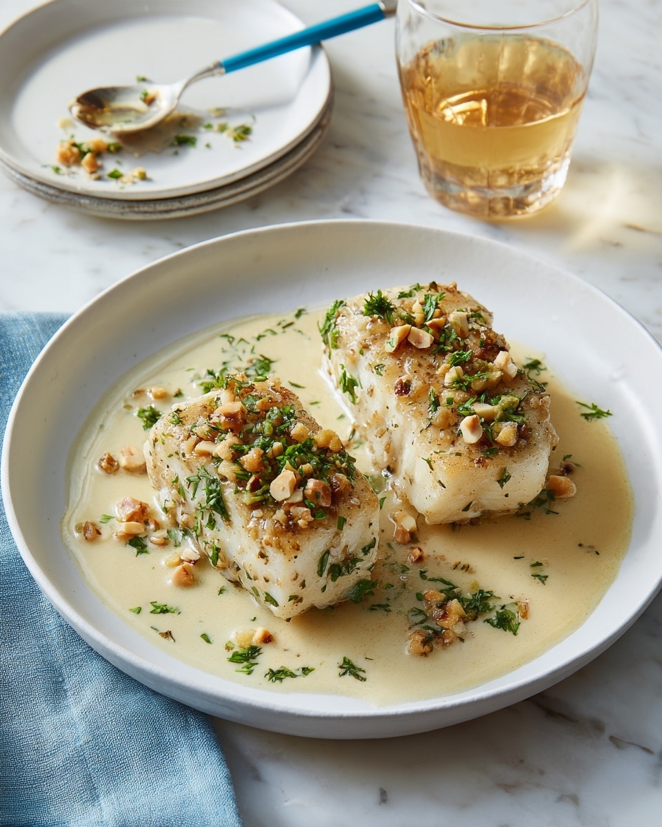 Two pieces of golden brown cooked fish lay side by side on a round white plate, each topped with small chopped green herbs and bits of light brown nuts or garlic. The fish sits in a light beige creamy sauce that spreads gently around the edges. The plate rests on a white marbled surface with a glass of light amber drink nearby, and a spoon with some sauce on a white plate with a blue handle is partially visible to the side. Photo taken with an iphone --ar 4:5 --v 7