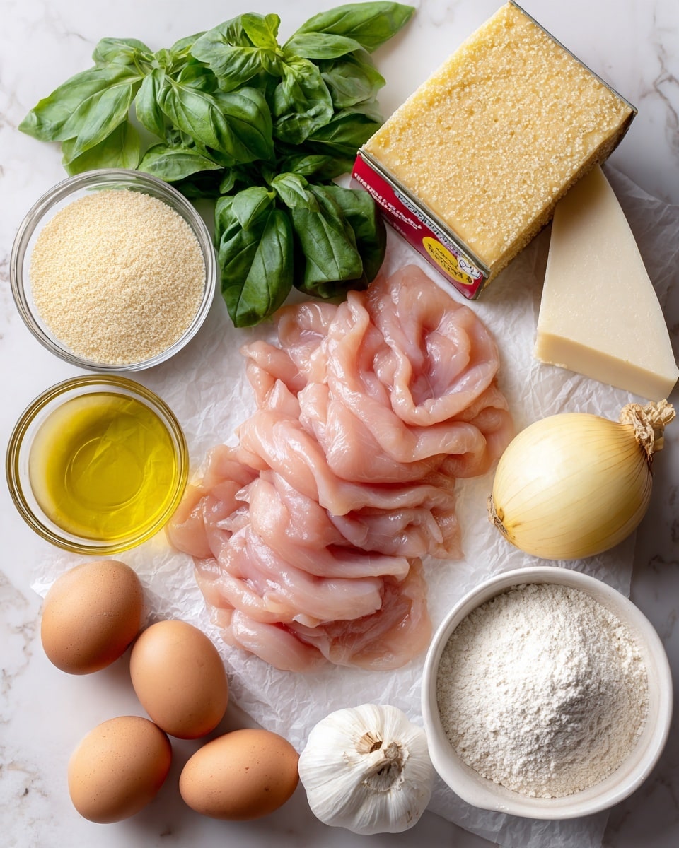 The image shows fresh raw thin slices of light pink chicken arranged in a neat layer on white paper on the left side. To the right are fresh dark green basil leaves at the top, a white bulb of garlic, and a round yellow onion placed on a white marbled surface. There is a small round glass bowl with golden yellow olive oil next to the basil and a larger glass bowl filled with light beige breadcrumbs below it. Two brown eggs rest near the bottom left corner, beside a similarly sized bowl of white flour. On the far right, there is a white block of mozzarella cheese resting on white paper and a wedge of pale yellow Parmesan cheese. At the top right corner, a bright yellow can of crushed tomatoes with red and green labels is visible. Small pinch bowl with light powdered seasoning is also seen near the onion. photo taken with an iphone --ar 4:5 --v 7