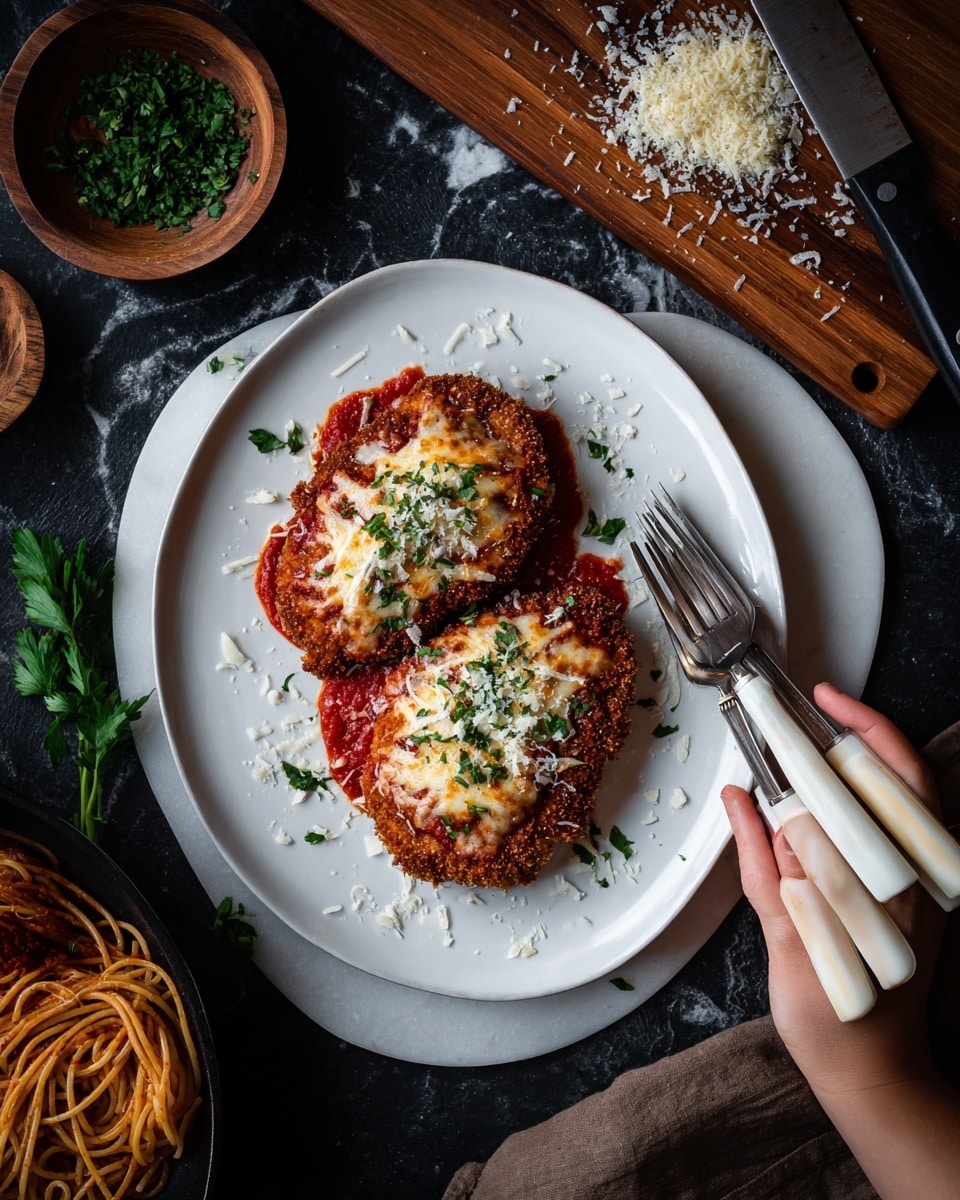 A white oval plate holds two pieces of breaded cutlets at the bottom layer, golden brown and crispy in texture. On top of each cutlet, there is a deep red marinara sauce layer spreading partially over the cutlets. The top layer consists of melted cheese, bubbly and slightly browned with light golden spots, sprinkled with finely chopped green parsley and grated white cheese. Around the plate, bits of grated cheese and parsley leaves are scattered. A woman’s hand holds a fork and knife with white handles on the right side of the plate. The scene is set on a dark surface with a white marbled texture visible under the plate, along with a wooden cutting board that has a knife and chopped parsley on the upper right. A small wooden bowl with chopped green herbs is to the top left and a black pan with cooked spaghetti is at the lower left corner. Photo taken with an iphone --ar 4:5 --v 7