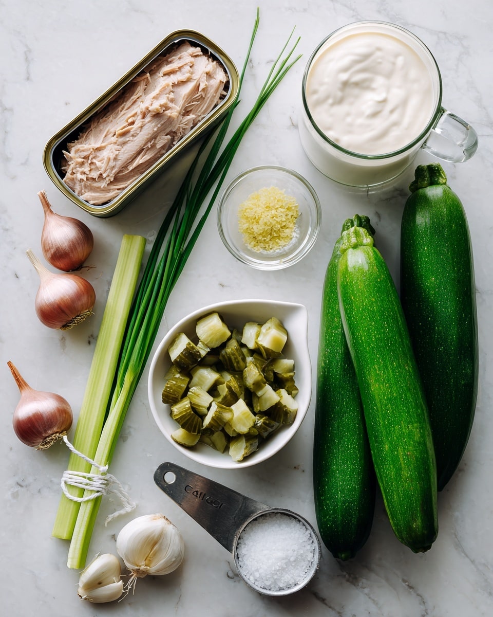 The image shows a white marbled surface with fresh ingredients neatly arranged. There are three whole green zucchinis placed vertically on the right side. Below them, a small white bowl holds chopped pickles with a greenish hue. Beside it, a small clear bowl contains yellow seasoning. A metal measuring spoon filled with white salt is placed nearby. On the left, a measuring cup filled with a creamy white sauce sits next to three celery stalks tied together with a white string and a few green chives on top. Two small shallots, light purple and brown, are positioned on the far left. An open tin of light brown tuna is located in the upper left corner, with a glass of milk just behind it. All items appear fresh and natural. Photo taken with an iphone --ar 4:5 --v 7