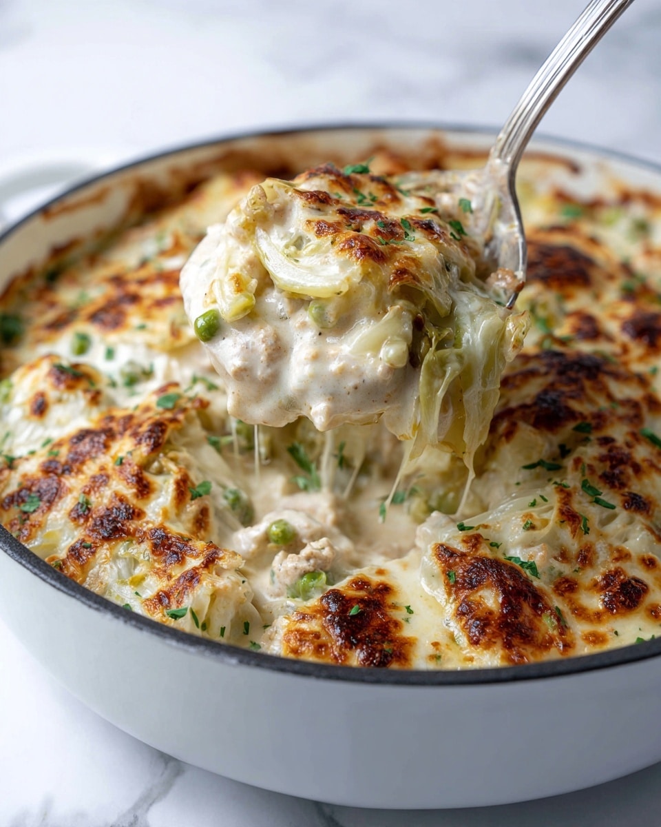 A white pan filled with a creamy, mixed dish that has a top layer of browned melted cheese in light golden-brown spots. Below the melted cheese, there are layers of soft white and light green cabbage pieces with some green peas spread throughout. The creamy sauce beneath looks smooth and thick, coating the vegetables and small chunks of light white meat evenly. A silver spoon is scooping a portion from the pan showing all the layers together with the creamy white sauce glistening. The background is a white marbled surface photo taken with an iphone --ar 4:5 --v 7