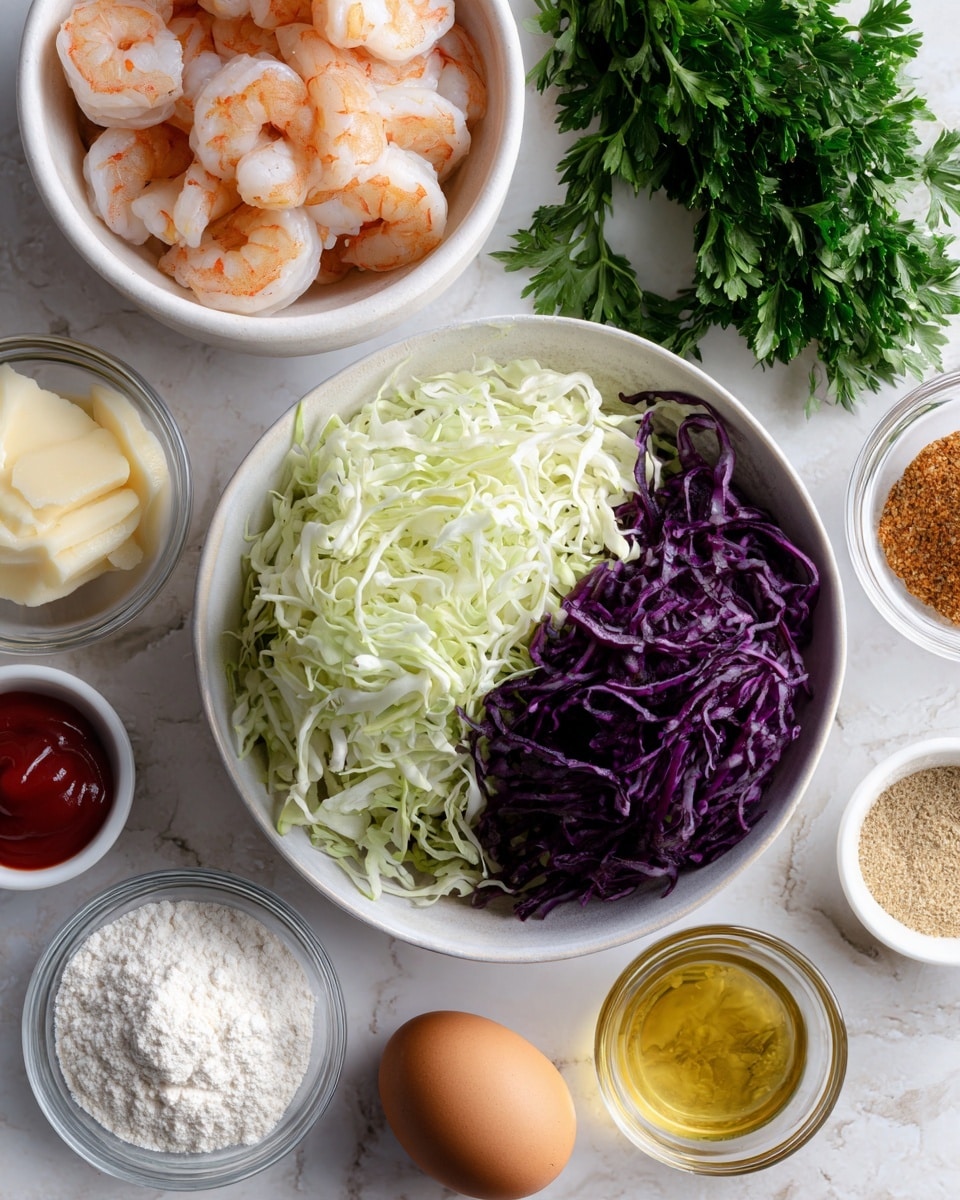 The image shows a white bowl filled with two layers of shredded cabbage: pale green cabbage on the left and deep purple cabbage on the right. Next to it, there is a white bowl with raw shrimps. Surrounding these bowls are clear glass bowls and small white dishes holding white flour, a brownish-red spice, cornmeal, light brown seasoning, creamy yellow mayonnaise, ketchup, and golden olive oil. A single brown egg and a small bunch of fresh green parsley rest on the white marbled surface around the bowls. The whole setup is neat and bright, with ingredients waiting to be used. Photo taken with an iphone --ar 4:5 --v 7