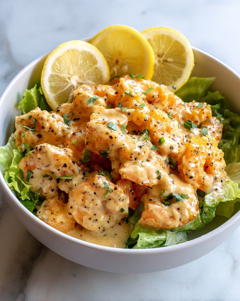 A white bowl with a bed of green lettuce leaves at the bottom, topped with a large heap of golden orange shrimp covered in a creamy, slightly glossy sauce, speckled with small bits of herbs and black pepper. On one side of the shrimp, there are two lemon wedges with a light yellow color showing some texture and seeds. Small green herb pieces are scattered over the shrimp, adding touches of fresh green color. The bowl sits on a white marbled surface with a soft natural light highlighting the colors and textures. Photo taken with an iphone --ar 4:5 --v 7