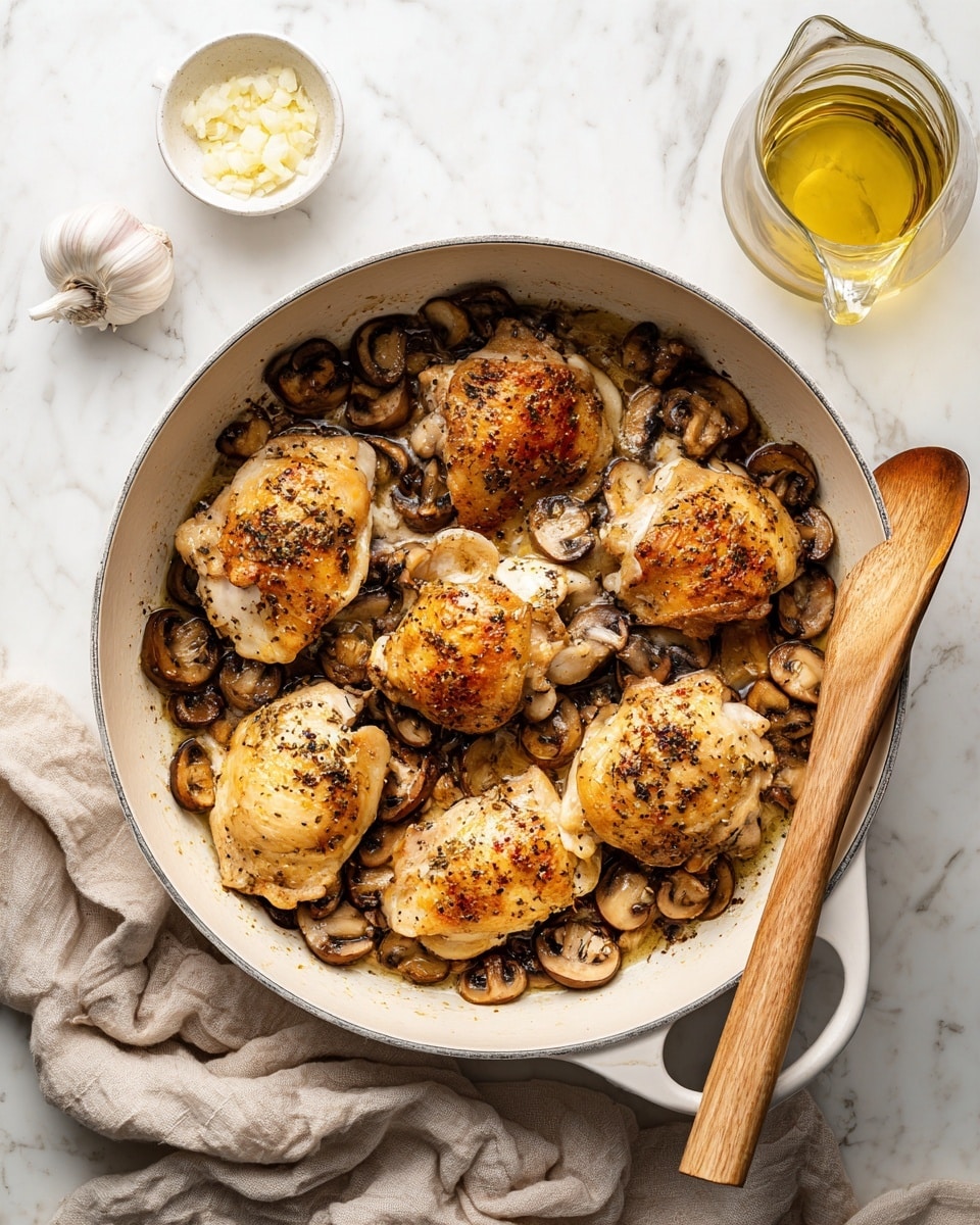 A white pot filled with seven browned chicken pieces on top of a layer of sautéed sliced mushrooms, the chicken pieces have a light golden-brown color with some black pepper flakes, a wooden spoon rests inside the pot on the right side. Around the pot on the white marbled surface, there is a small white bowl of chopped garlic at the upper left, a glass jar with light golden oil to the left of the bowl, and a glass measuring cup filled halfway with cream above the pot. A beige cloth is crumpled on the lower right corner. Photo taken with an iphone --ar 4:5 --v 7