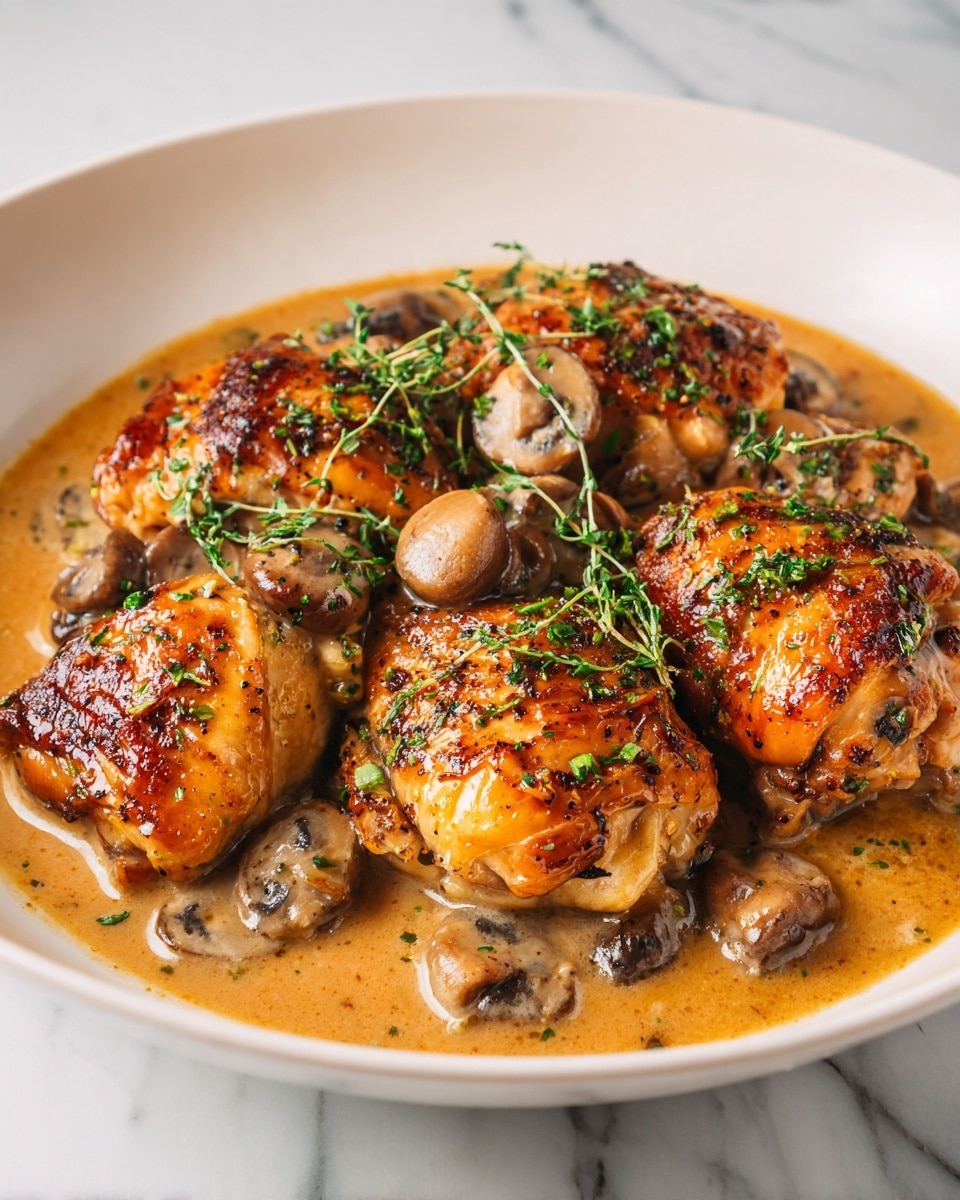 The dish shows five golden brown chicken pieces with crispy skin, sprinkled with fresh green herbs on top. These chicken pieces are laid in a shallow white bowl. Underneath and around the chicken, there is a light brown sauce with whole and sliced mushrooms, their smooth texture and rich brown color standing out against the sauce. The bowl rests on a white marbled surface. photo taken with an iphone --ar 4:5 --v 7
