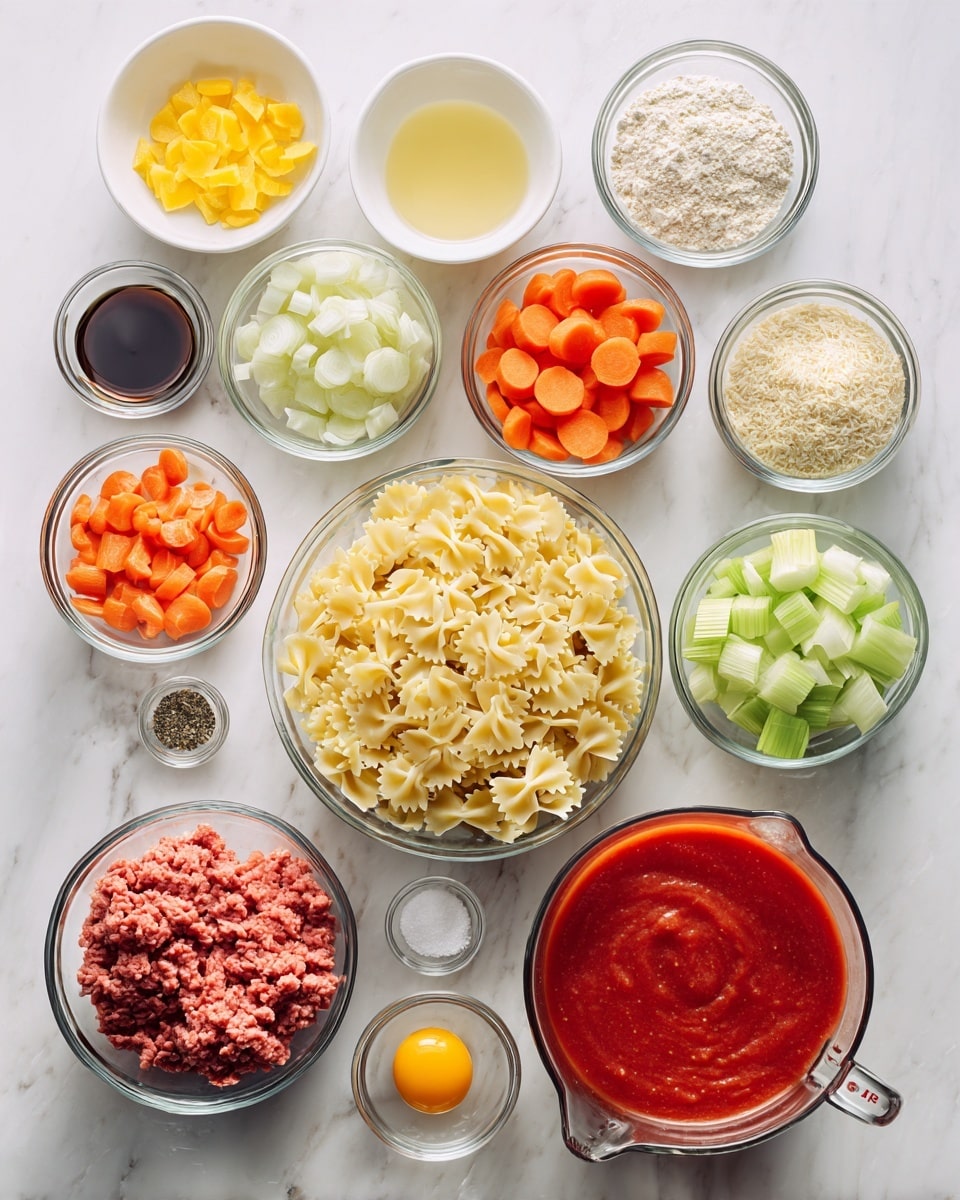 The image shows various ingredients placed in clear glass bowls and measuring cups on a white marbled surface, arranged neatly in a semi-circle and rows. In the middle, there is a bowl of dry farfalle pasta with a pale yellow color and a smooth texture. Below it, to the left, is a bowl filled with ground beef showing a coarse, red texture. Surrounding these central bowls are smaller bowls containing chopped vegetables: bright orange carrot slices at the top center, light green celery pieces to the right of the carrots, and finely chopped white onion below the celery. On the right side, a large measuring cup holds thick red tomato sauce, and next to it, another large measuring cup contains golden chicken broth. At the top left are smaller bowls and cups holding ingredients like yellow diced bell pepper, a dark brown sauce, pale yellow mustard, a small bowl of light brown breadcrumbs, and a cup with a clear light yellow liquid. There is also a glass bowl in the lower left containing a single raw egg yolk. Two tiny bowls hold salt and black pepper. The overall setting is bright and clean, focusing on the raw ingredients before cooking, with natural light highlighting textures and colors. Photo taken with an iphone --ar 4:5 --v 7