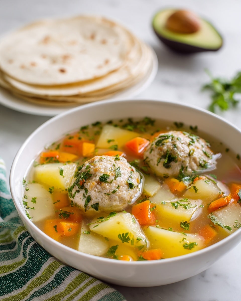 A white bowl with two large beige meatballs floating in clear soup, showing chunks of orange carrots and pale yellow potatoes along with green herbs sprinkled on top; in the background, half an avocado with bright green flesh and a white plate stacked with light tan corn tortillas sit on a white marbled surface with a green and white striped cloth partially under the bowl; photo taken with an iphone --ar 4:5 --v 7