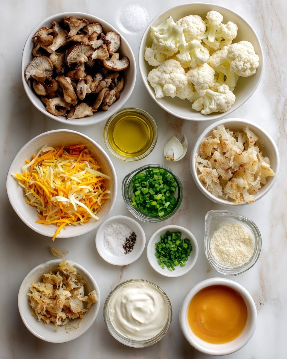 The image shows a top-down view of several small white bowls arranged on a white marbled surface, each containing different ingredients. At the top, there are two larger bowls, one filled with torn brown cooked mushrooms and the other with white cauliflower florets. Below them, a white bowl holds shredded yellow and orange cheese mixed together. To the right, a tiny bowl contains chopped green spring onions. Moving downward, there is a white bowl with white breadcrumbs and a small bowl of finely chopped chives. Near the center, one bowl contains thick orange sauce, while another bowl holds creamy white sour cream. Surrounding these are small bowls with various ingredients including olive oil, white potato flakes, salt and pepper, and a creamy white ingredient, all placed neatly with clear textures and colors. The whole setup is clean, organized, and bright. photo taken with an iphone --ar 4:5 --v 7