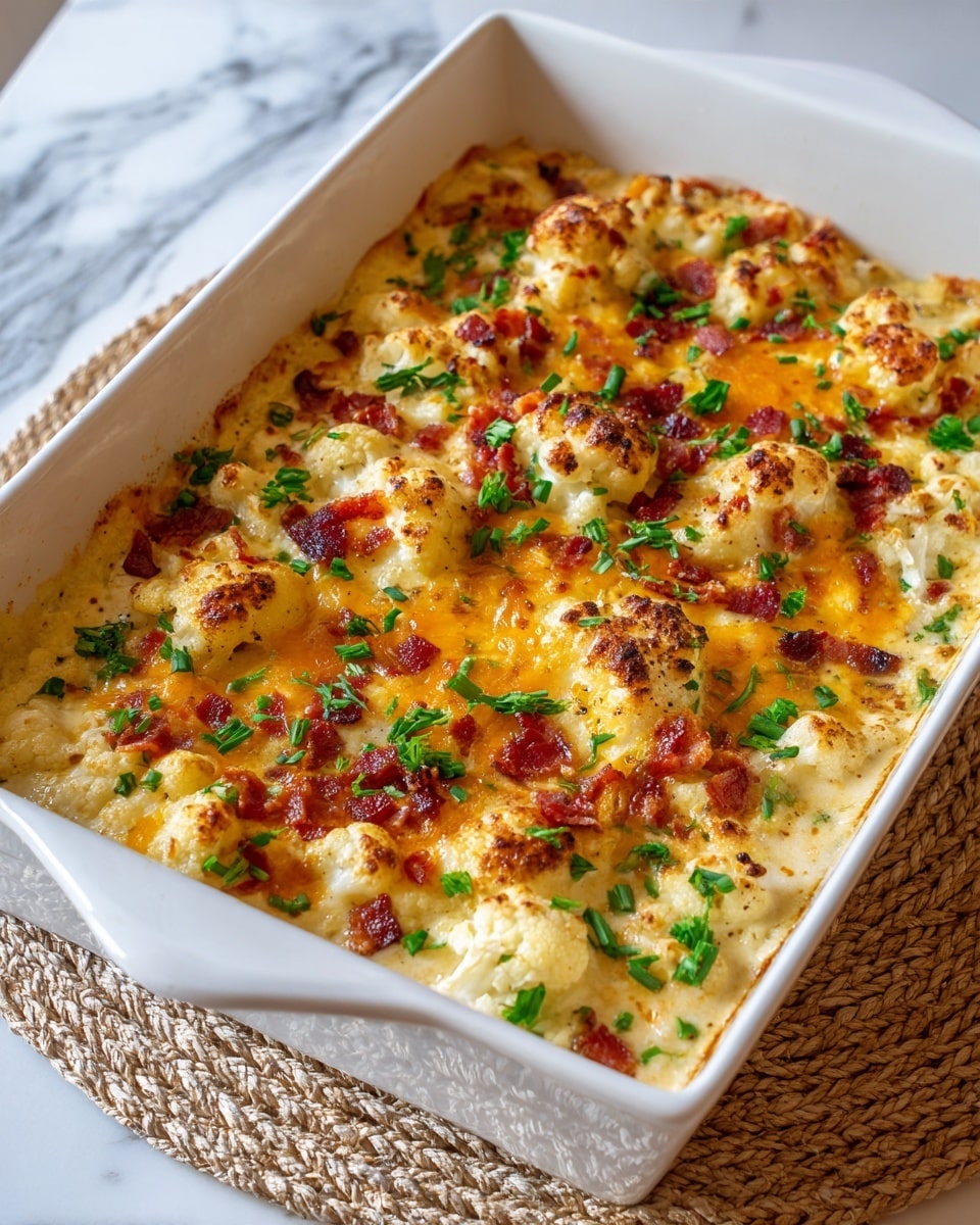 The image shows a white rectangular baking dish filled with a layered casserole. The bottom layer is made of cauliflower pieces that are light golden brown with some darker roasted spots. On top of the cauliflower, there is melted orange cheese spread unevenly across the surface, mixed with small bits of red bacon pieces. Bright green chopped herbs are sprinkled on top for color and freshness. The dish sits on a white marbled surface with a woven beige mat underneath the dish. The photo taken with an iphone --ar 4:5 --v 7
