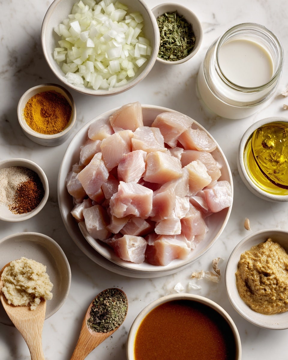 The image shows various ingredients placed on a white marbled surface. In the center, there is a white bowl filled with raw, cubed chicken pieces, light pink in color with a smooth texture. Surrounding the bowl are smaller white bowls containing different items: one has chopped white onions, another has green chopped herbs, one contains a mix of ground spices in brown, yellow, and dark shades, and another has crushed ginger and garlic paste that is pale yellow. There is a small glass container with golden yellow oil, a wooden spoon holding white powder, and two bowls filled with thick sauces—one reddish and one tan brown. There is also a jar containing white liquid, likely coconut milk or cream. Everything is arranged neatly with clear visibility of each ingredient. photo taken with an iphone --ar 4:5 --v 7
