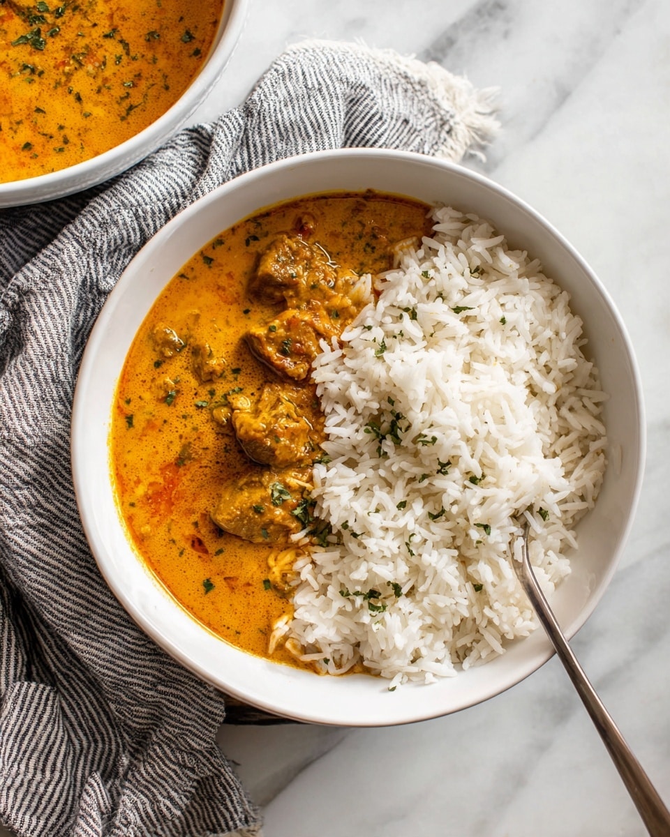 A white bowl holds two main layers: plain white rice on the right side with a fluffy texture, and a rich orange curry with visible chunks of meat or vegetables on the left side. The curry sauce looks smooth and creamy, garnished with small green herb pieces sprinkled on top. A silver fork rests inside the bowl on the right side, partly stuck into the rice. Another white bowl with the same orange curry is partly visible in the upper left corner, placed on a white marbled surface next to a gray and white striped cloth. The lighting is soft and natural. Photo taken with an iphone --ar 4:5 --v 7