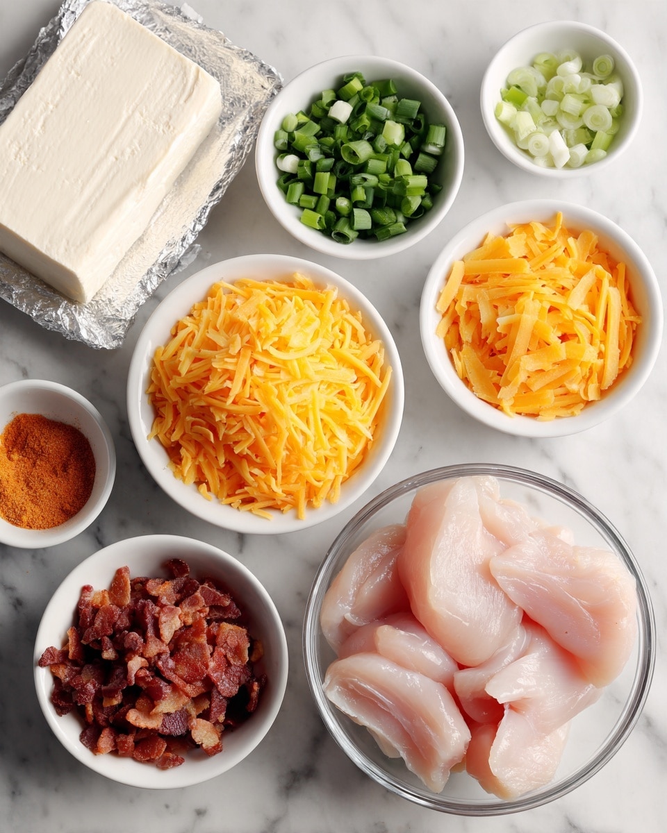 The image shows a top view of several small white bowls and a glass bowl arranged on a white marbled surface. The glass bowl at the bottom center holds raw light pink chicken slices. Around it, from left to right, there is one white bowl filled with bright orange shredded cheddar cheese, a small white bowl with chopped green onions, a small white bowl with orange liquid, a smaller white bowl with bright reddish-orange powder, a small white bowl with light green powder, and a small white bowl with crumbled cooked brown bacon. Lastly, at the top left, there is an opened block of white cream cheese in foil. Photo taken with an iphone --ar 4:5 --v 7