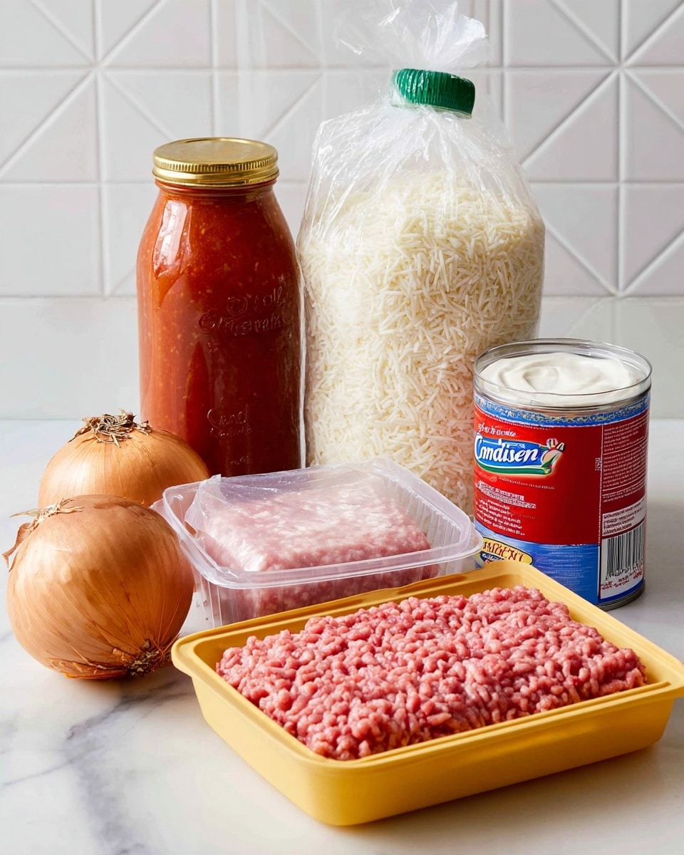 A set of cooking ingredients is arranged on a white marbled surface. From left to right, there is a brown onion with dry, papery outer layers, next to a glass jar of red pasta sauce with a gold lid and black label. Behind the onion is a rectangular yellow foam tray holding pink ground Italian sausage with visible white fat. In front of that is a transparent plastic container with pink ground lean beef inside, wrapped loosely. To the right of the sausage tray, a large clear plastic bag of fine cut white shredded mozzarella cheese stands upright with a green top. Next to the mozzarella, a tall cylindrical can of crescent dough sheets shows a red and blue label. In front of the dough can, a red and white plastic container of sour cream sits low on the surface. The background is a white tiled wall with a simple geometric pattern. photo taken with an iphone --ar 4:5 --v 7