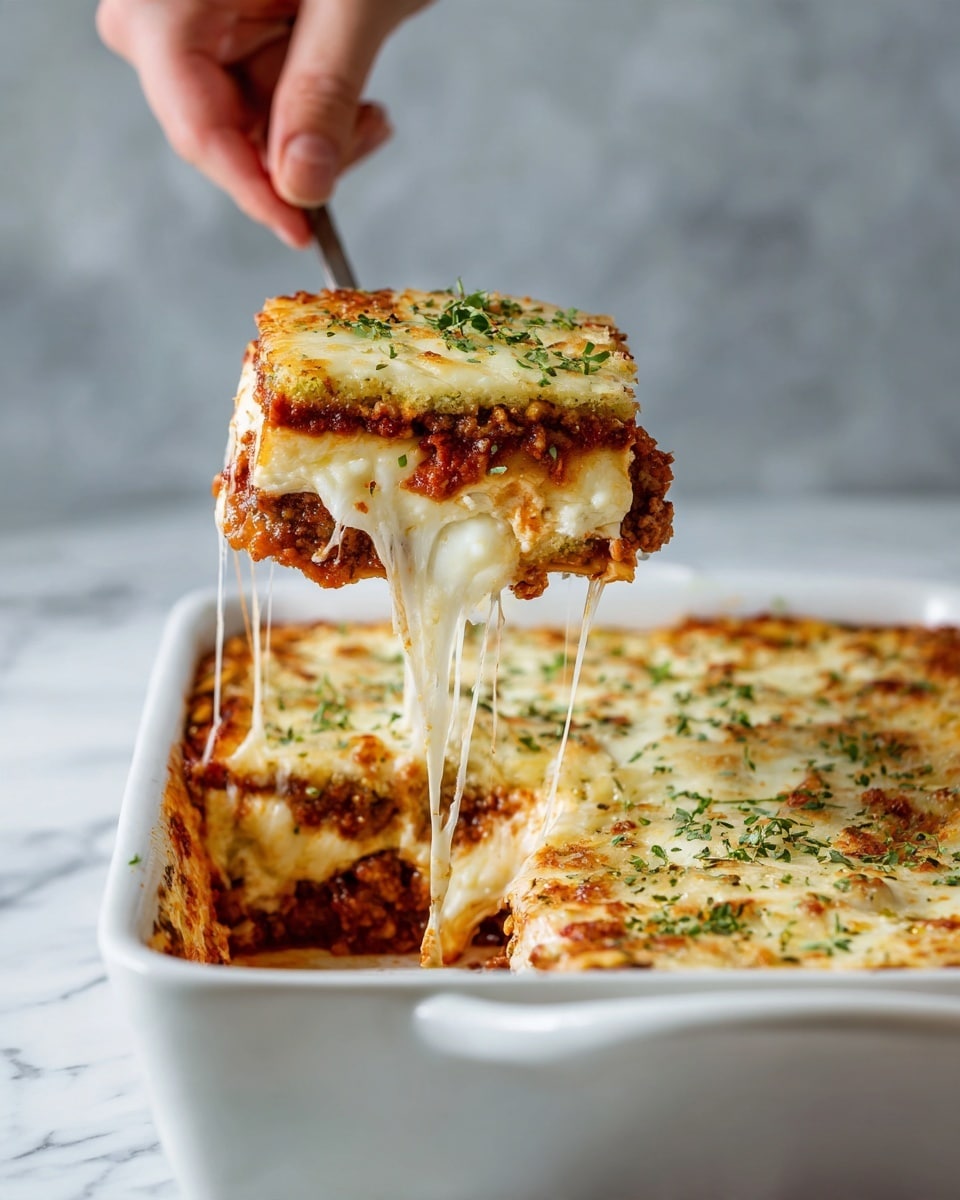 The image shows a white rectangular baking dish filled with a baked casserole. A woman's hand is lifting a square piece from the dish, revealing three visible layers: a top layer of golden-brown crispy breadcrumbs with green herbs sprinkled, a middle layer of melted, stretchy, creamy white cheese, and a bottom layer of chunky red tomato sauce with browned meat. The backdrop is a white marbled surface with a soft gray blurred background. The cheese stretches long strings between the lifted piece and the dish photo taken with an iphone --ar 4:5 --v 7