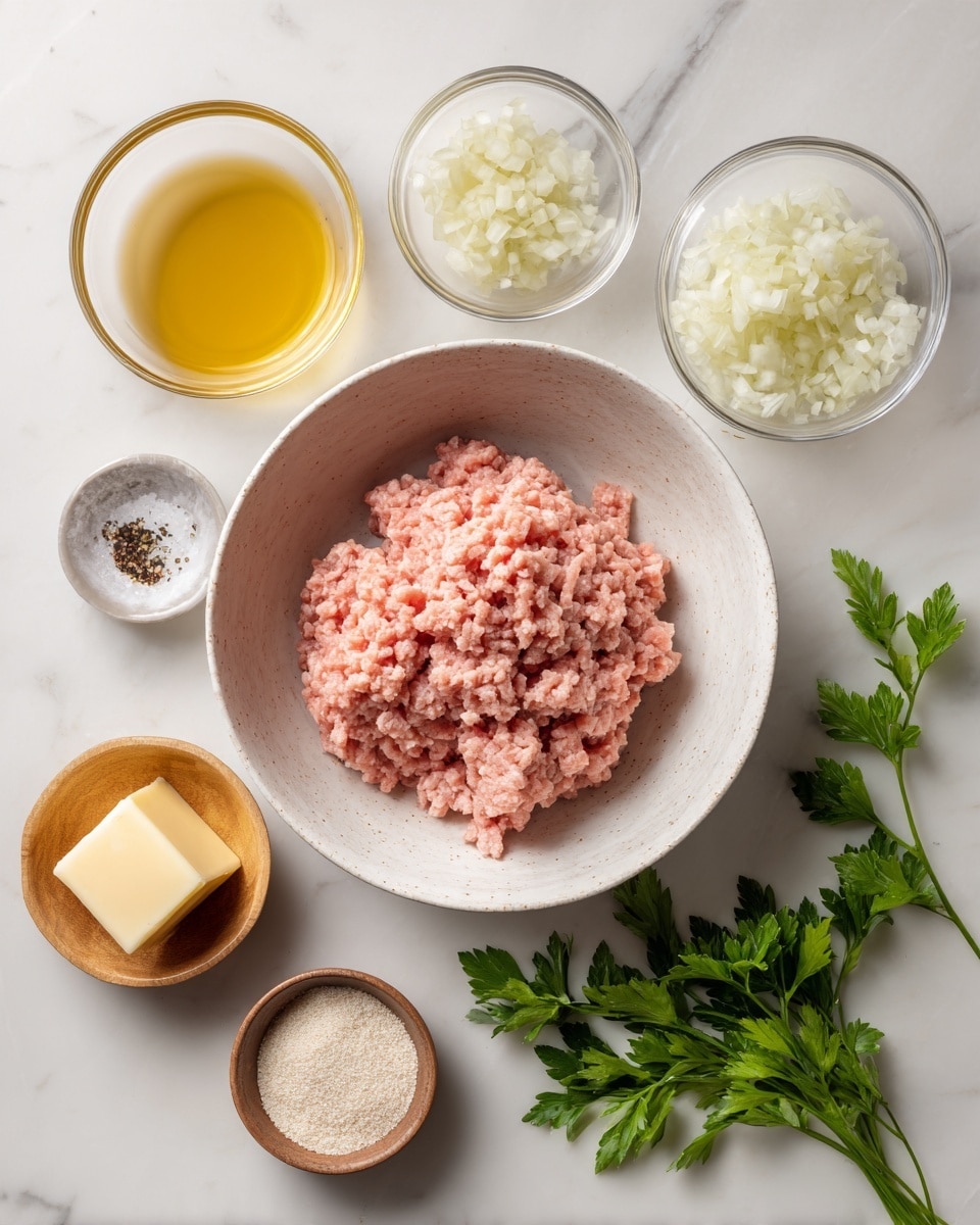 The image shows a white bowl with a rough texture filled with pink ground meat in the center, placed on a white marbled surface. Around the bowl are small glass and wooden bowls containing different ingredients: finely chopped white onions, a light brown sauce or broth, yellow olive oil, creamy mustard, a pale yellow square of butter, coarse salt with black pepper, flour, and several sprigs of fresh green parsley arranged beside and below the main bowl. Each item is neatly placed and separated, giving a clear view of individual textures and colors. Photo taken with an iphone --ar 4:5 --v 7