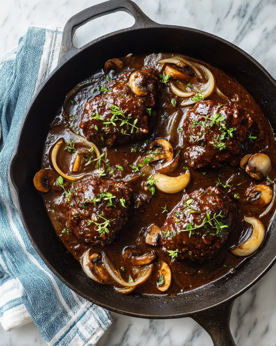 A black cast iron pan sits on a white marbled surface, filled with four browned meat pieces soaked in a thick dark brown sauce. The sauce has visible sliced mushrooms and onion strips mixed evenly around the meat. Small green herb leaves are sprinkled on top for color contrast. A blue and white striped cloth is placed next to the pan on the surface. photo taken with an iphone --ar 4:5 --v 7