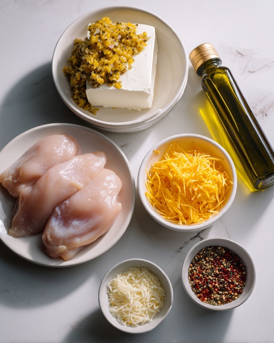 The image shows four main ingredients arranged on a white marbled texture. There is a white plate with three raw light pink pieces of chicken placed on the left side. Above this plate, there is a white bowl holding a block of white cream cheese topped with a chunky yellow-green pepper mixture. Below this bowl, a smaller white bowl contains yellow shredded cheddar cheese. Next to it on the right, there is an even smaller white bowl filled with a mix of red, black, and white spices. On the rightmost side, there is a tall dark green bottle labeled avocado oil. photo taken with an iphone --ar 4:5 --v 7