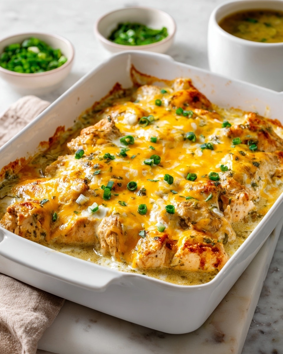 A white baking dish holds a layered casserole with a thick top layer of melted yellow and white cheese sprinkled with small pieces of green onions. Below the cheesy layer, chunks of cooked chicken are visible in a creamy sauce mixed with green chili bits, creating a light green and beige texture. The inside edges of the dish have sauce stains. The dish rests on a white marbled surface, with a small white bowl filled with a greenish soup nearby, and chopped green onions in another white bowl at the corner. photo taken with an iphone --ar 4:5 --v 7