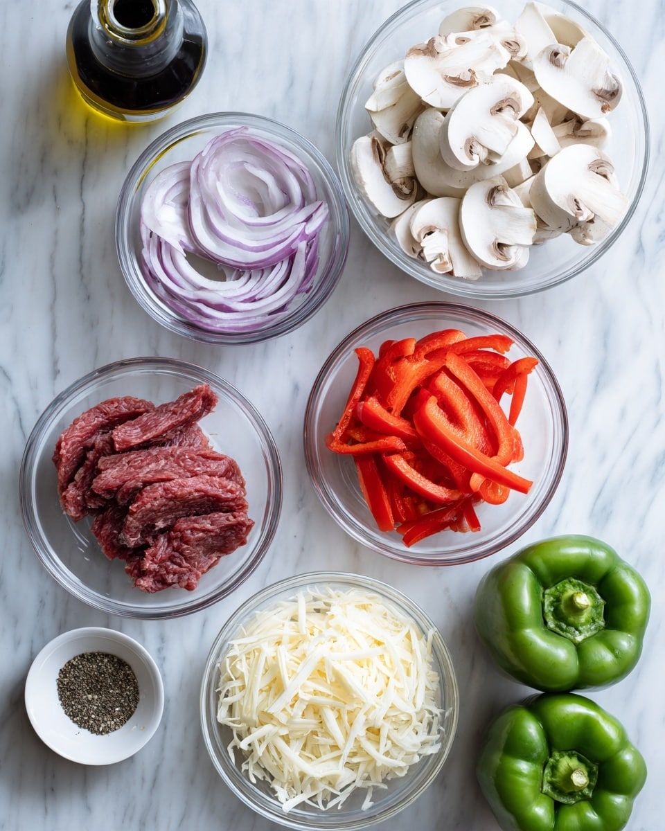 The image shows a white marbled surface with a bottle of dark olive oil on the top left, a clear glass bowl filled with sliced white mushrooms in the center top, and another clear bowl on the top right holding shredded white cheese. Below the mushrooms in the middle left is a clear bowl with red bell pepper strips, and to its right is a clear bowl containing sliced purple onions. Below these bowls, there is a clear bowl with thinly sliced red meat placed on the left. At the bottom left corner is a small white bowl with ground black pepper, and two whole green bell peppers are positioned on the bottom right side. The items are neatly arranged in a grid-like pattern. photo taken with an iphone --ar 4:5 --v 7