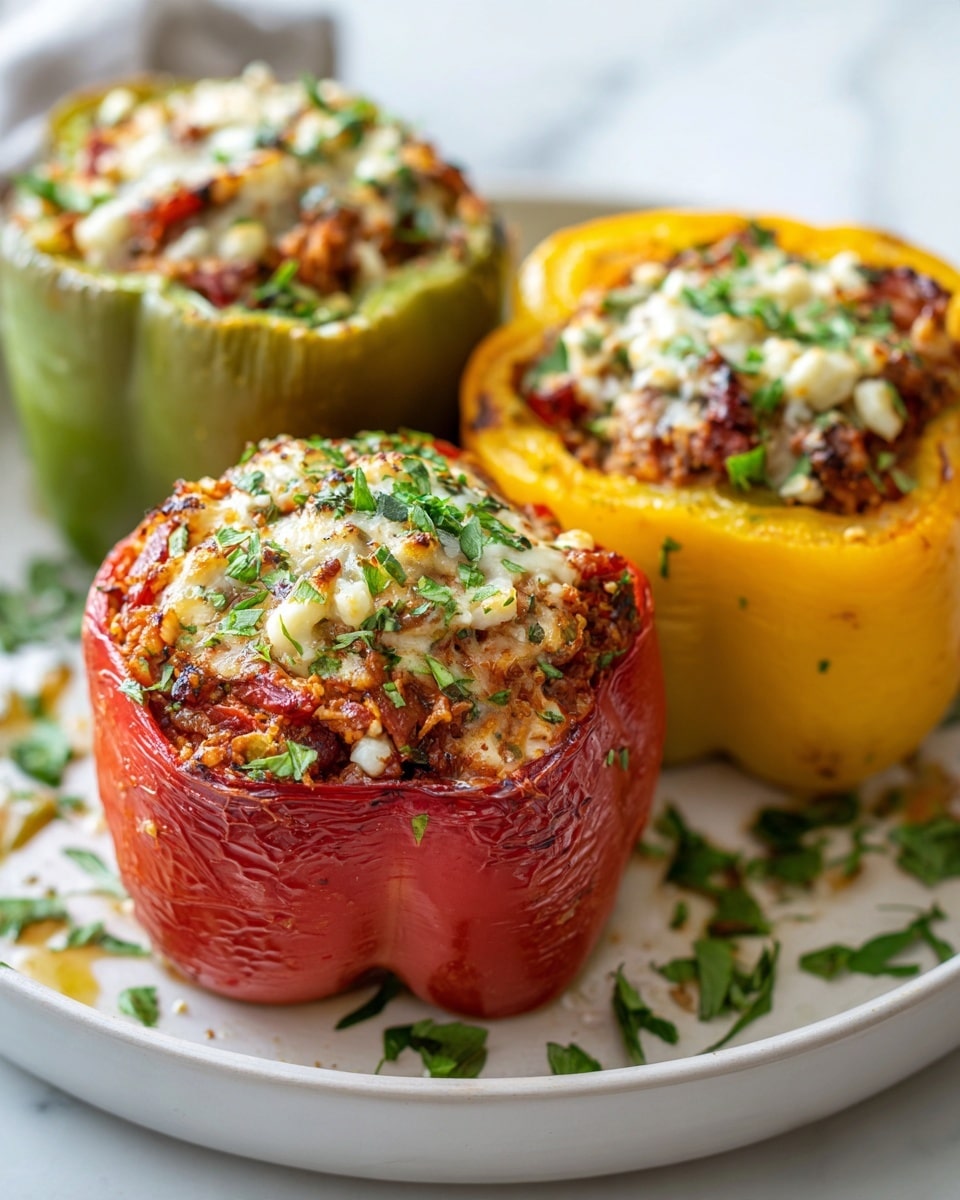 Three stuffed bell peppers sit on a white plate with a white marbled background. There is one green pepper, one yellow pepper, and one red pepper, each cut in half and filled with a mix of chunky, reddish-brown cooked filling with bits of white melted cheese on top. Fresh green herbs are sprinkled over the peppers and around the plate, adding a touch of color. The peppers have a slightly roasted texture with some charred spots visible, giving a warm and hearty appearance. photo taken with an iphone --ar 4:5 --v 7