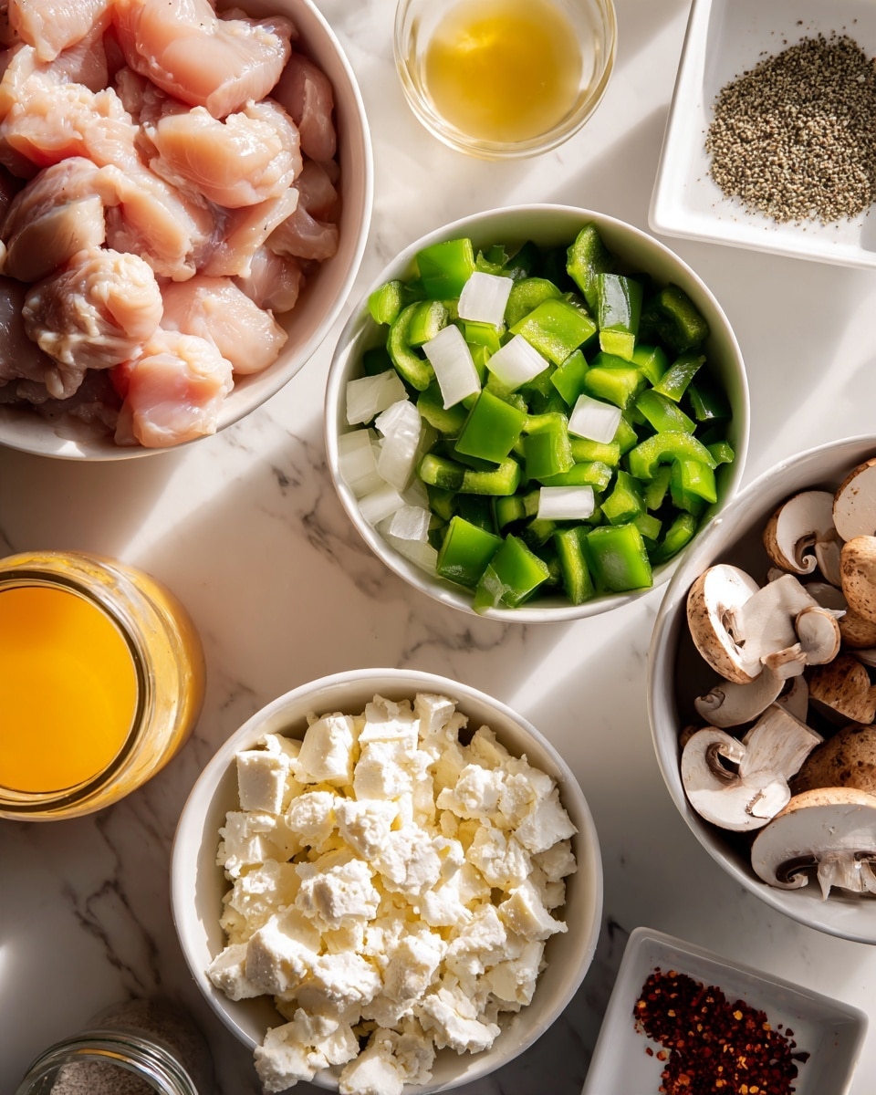 The image shows multiple white bowls and small dishes with raw food ingredients arranged on a white marbled surface. One white bowl contains light pink raw chicken pieces. Another white bowl holds chopped green bell pepper, white diced onion, and whole and sliced brown mushrooms mixed together. A smaller white bowl is filled with white crumbled cheese. There are also a few small square white dishes holding red dried ingredients, ground black pepper with pink salt, and a light yellow liquid. A small glass jar with an orange liquid is nearby. The natural light highlights the fresh colors and textures of all the ingredients. photo taken with an iphone --ar 4:5 --v 7