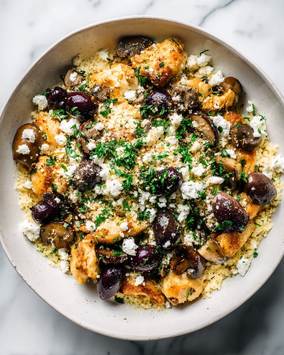 The image shows a white bowl filled with layers starting from a base of golden cooked pieces of chicken. On top of the chicken, there are slices of light brown mushrooms and dark purple olives scattered throughout. Small chunks of crumbly white cheese are sprinkled over the bowl, mixed with bright green chopped herbs. The bowl sits on a white marbled surface with a slight shadow around it. A woman's hand is reaching from the right side, holding the edge of the bowl. Photo taken with an iphone --ar 4:5 --v 7