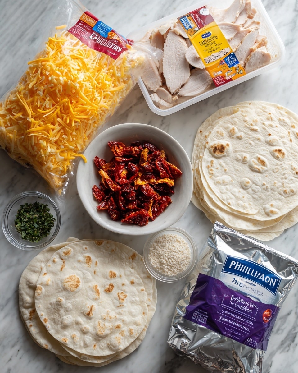 The image shows various ingredients arranged on a white marbled surface. On the top left is a clear plastic bag of shredded sharp cheddar cheese with red, yellow, and blue labels. To the right of the cheese is a white plastic container of honey smoked turkey breast slices with yellow and red labels. Below these is a white bowl filled with small pieces of sun-dried tomatoes. To the left of the bowl is a small clear bowl with chopped green herbs, and below that is another clear bowl containing a light-colored powder or spice. At the bottom center is an opened silver and blue package of Philadelphia original cream cheese. To the right is a package of large white flour tortillas with purple and white labels, some tortillas are visible stacked inside the package. Photo taken with an iphone --ar 4:5 --v 7