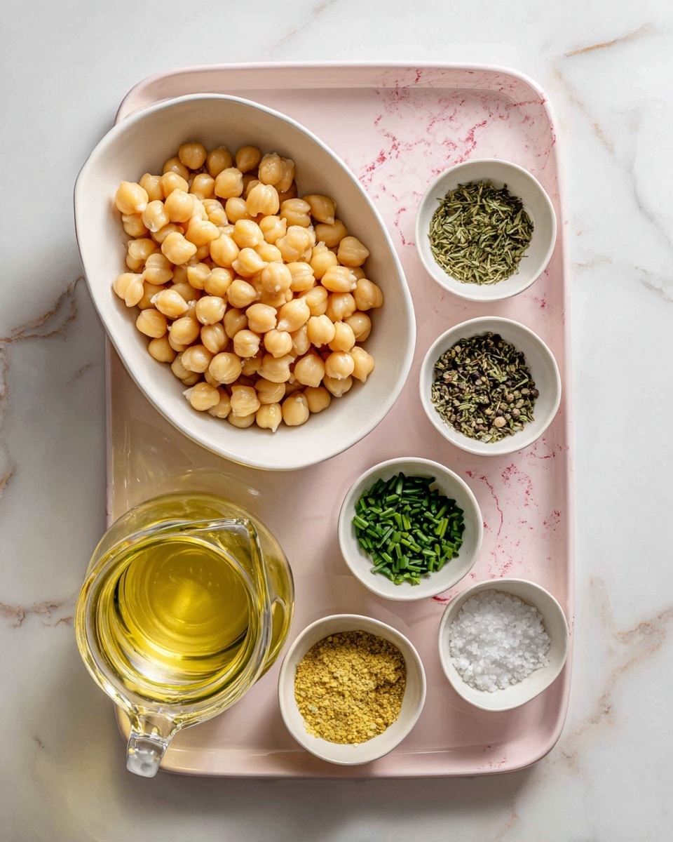 The image shows a variety of ingredients arranged on a white marbled surface. On the left side, there is a white oval bowl full of light golden chickpeas. Below it, a clear glass jug holds light yellow olive oil. To the right, a pale pink tray holds six small white bowls, each containing different seasonings: at the top left a green herb powder, top right black peppercorn mix, middle left finely chopped green chives, middle right a light yellow spice powder, bottom left a mix of dried green herbs, and bottom right white salt crystals. The colors and textures of the spices and herbs stand out against the soft pink tray and white marbled background. Photo taken with an iphone --ar 4:5 --v 7